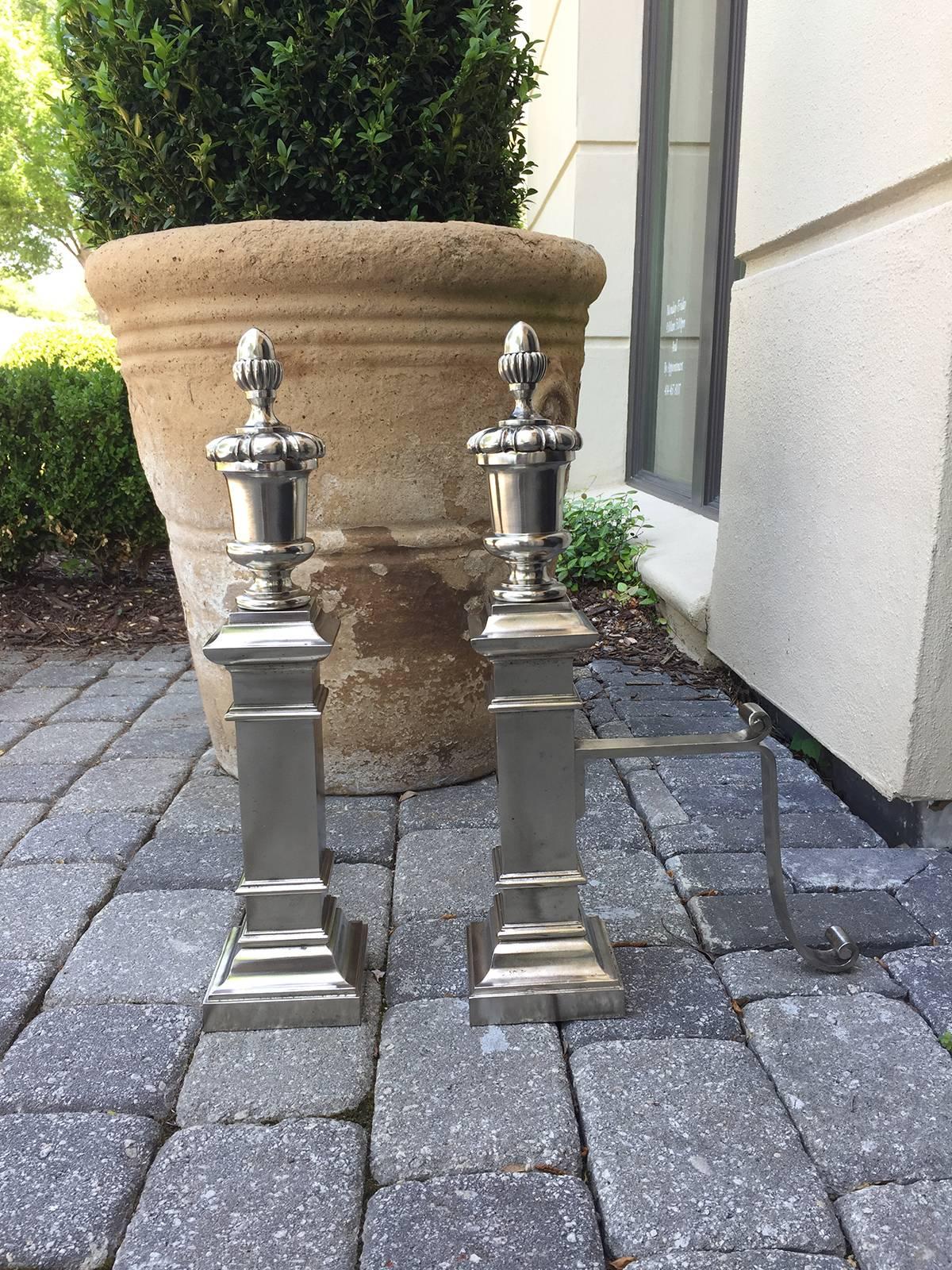 American Polished Nickel Neoclassical Andirons, circa 1900 In Good Condition In Atlanta, GA