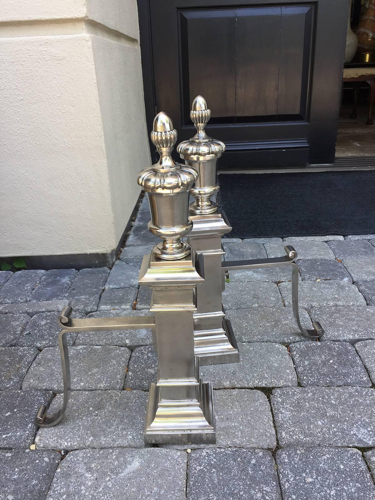 Early 20th Century American Polished Nickel Neoclassical Andirons, circa 1900
