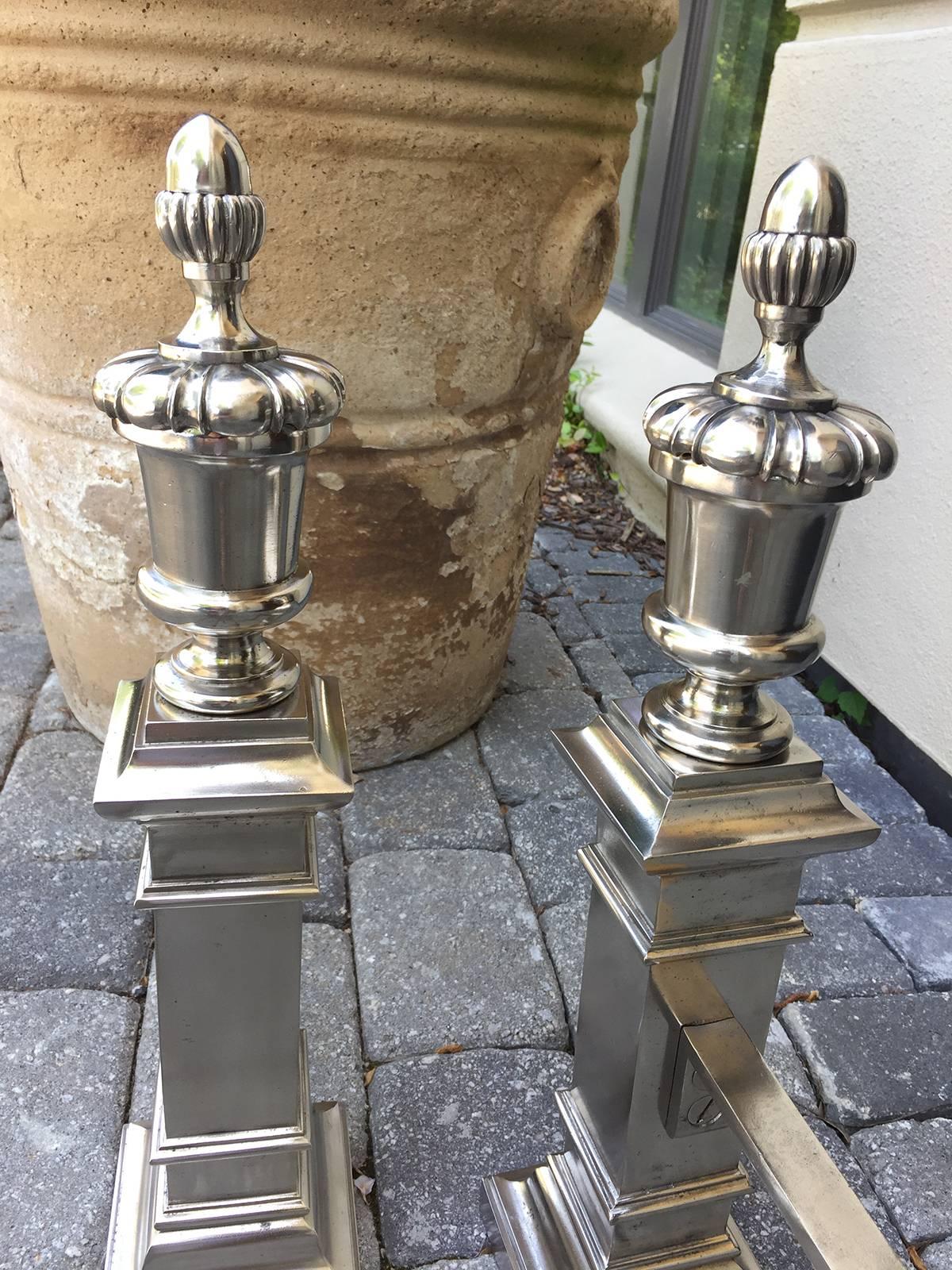 American Polished Nickel Neoclassical Andirons, circa 1900 1