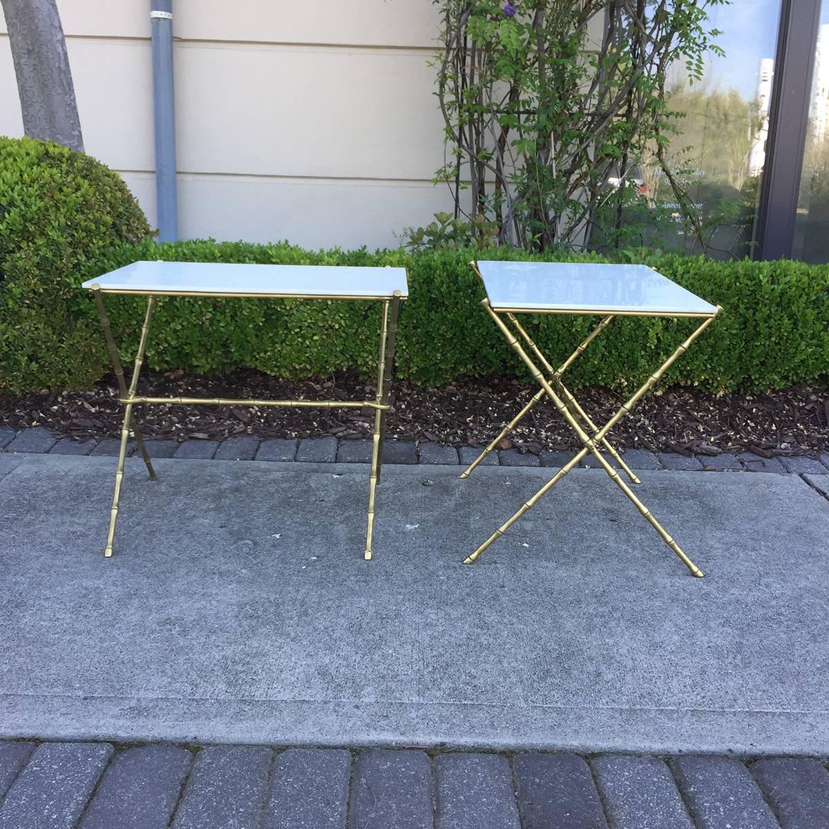 Pair of 1960s brass or bronze bamboo side tables attributed to Maison Jansen, with white tops, (black glass tops optional) see additional photos.