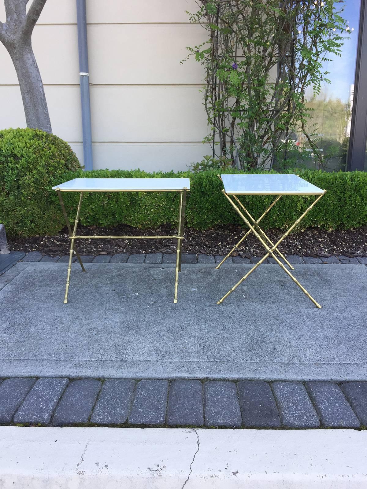 French Pair of 1960s Brass or Bronze Bamboo Side Tables Attributed to Maison Jansen