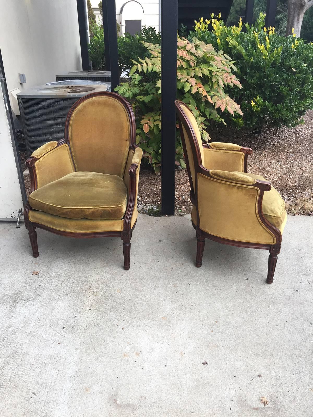 19th Century French Pair of Directoire Style Carved Chairs with Green Velvet In Good Condition In Atlanta, GA