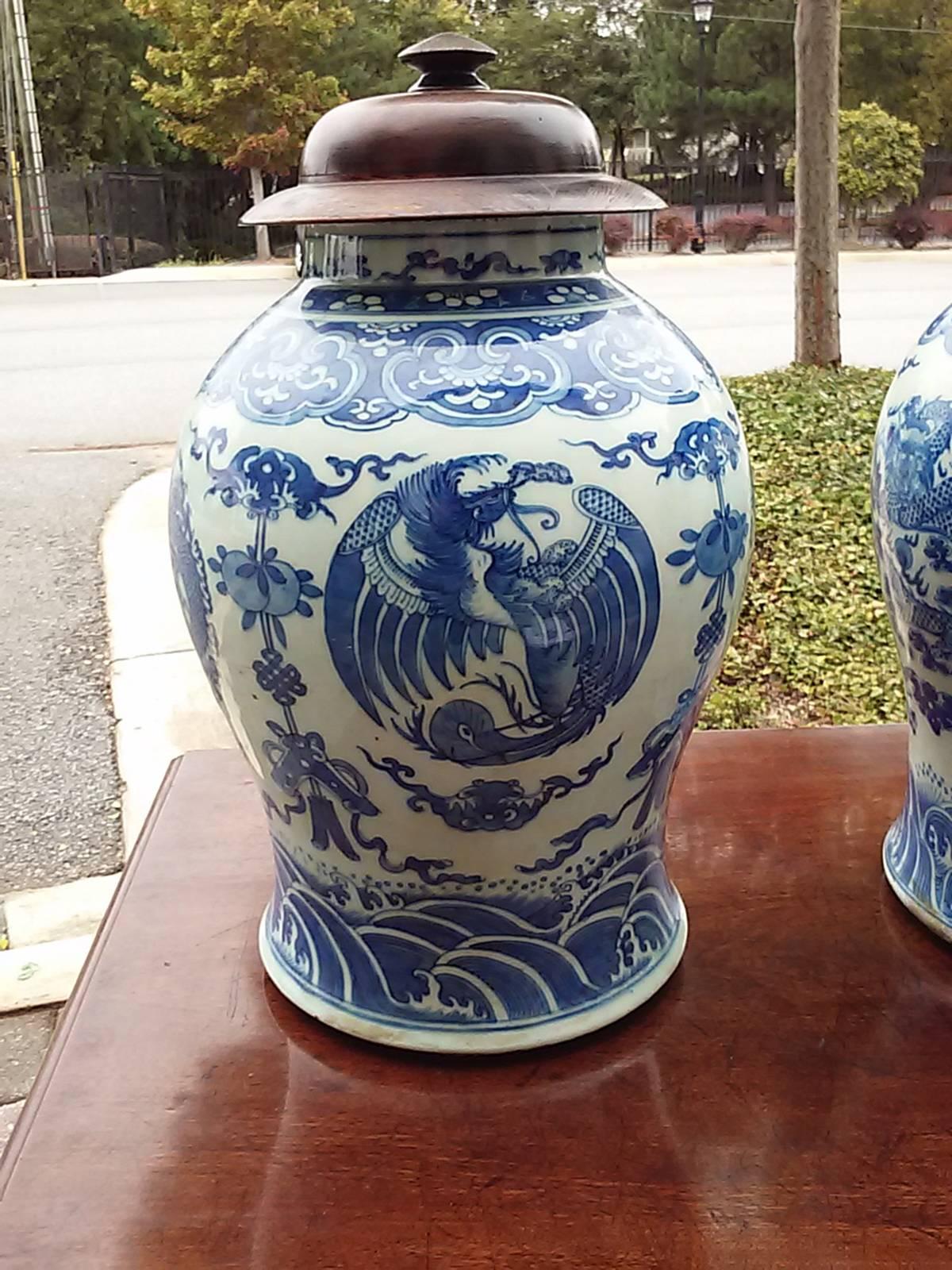 Porcelain Probably 19th Century Pair of Covered Blue and White Jars