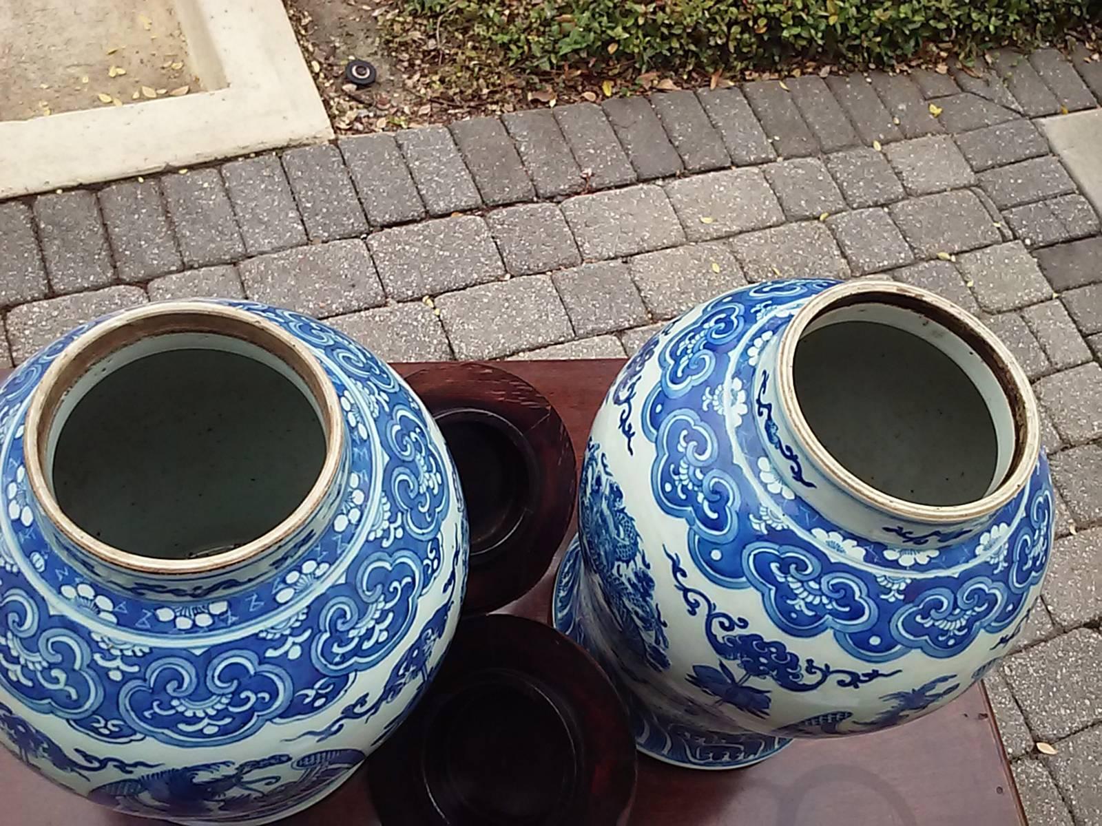 Probably 19th Century Pair of Covered Blue and White Jars 3