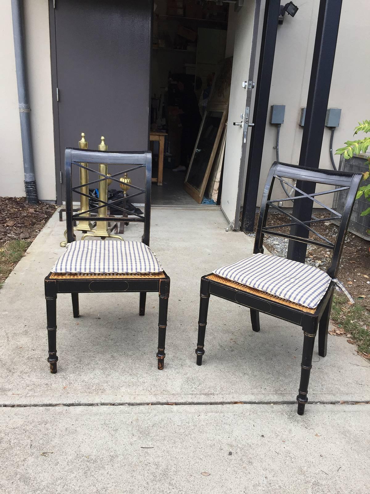 Caning Pair of 20th Century Ebonized Regency Style Side Chairs