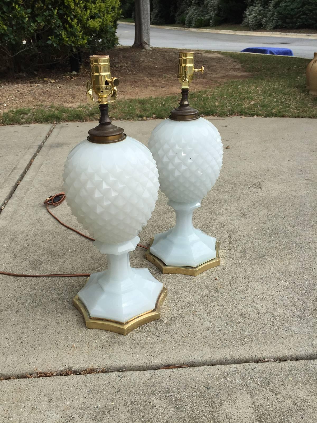 Pair of circa 1920 French cut opaline lamps on original mounts, super rare.