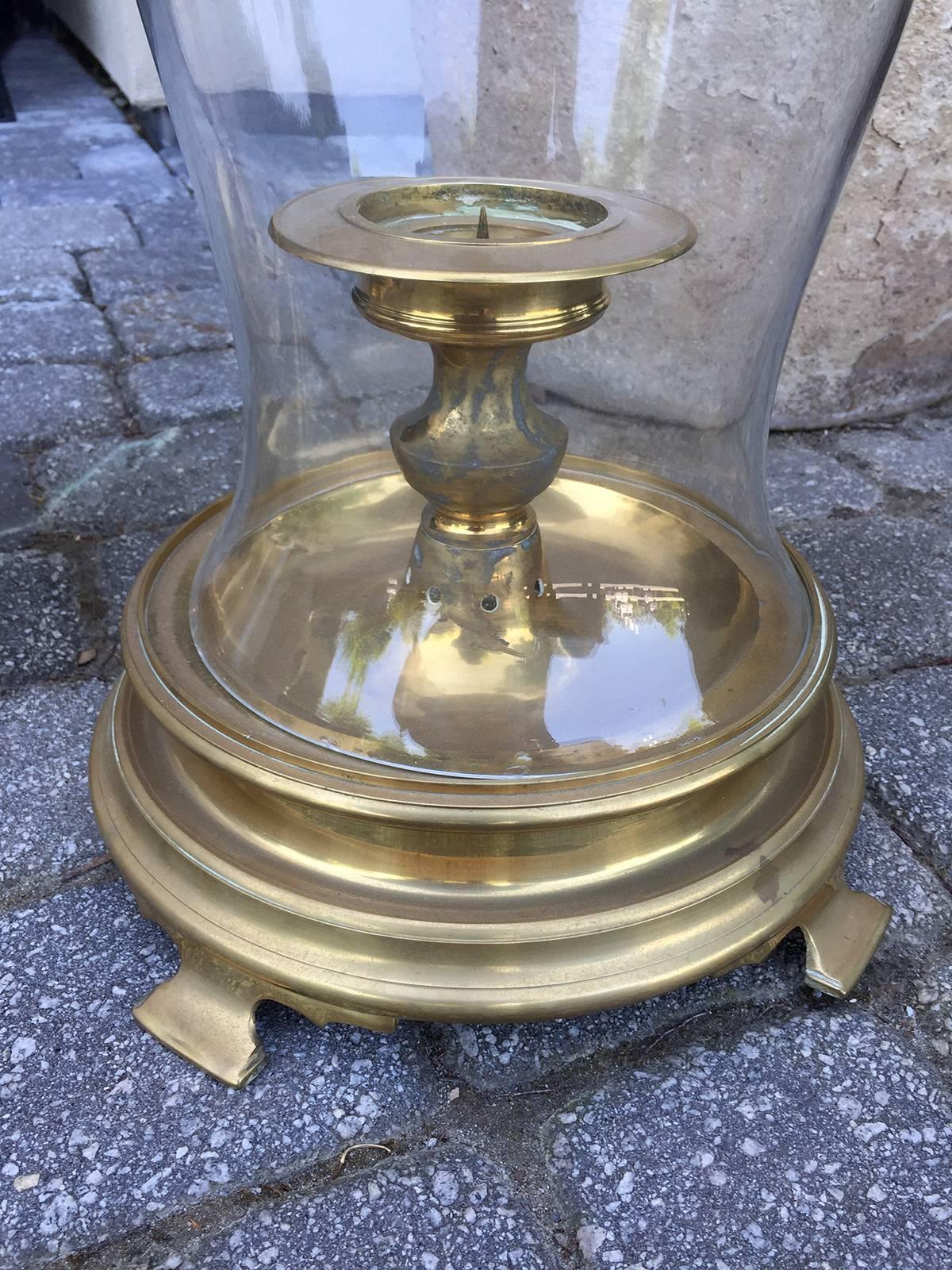 Late 20th Century Pair of circa 1970s Brass Hurricane Stands with Globe and Candleholder