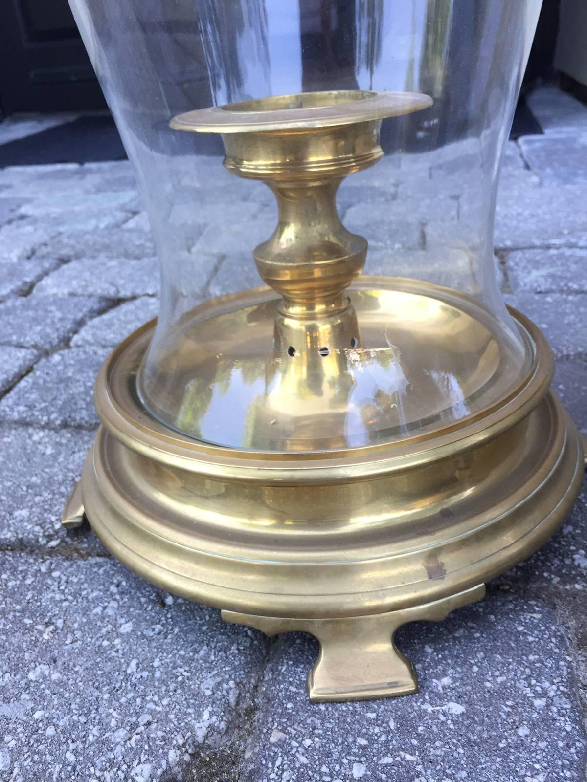 Pair of circa 1970s Brass Hurricane Stands with Globe and Candleholder 1