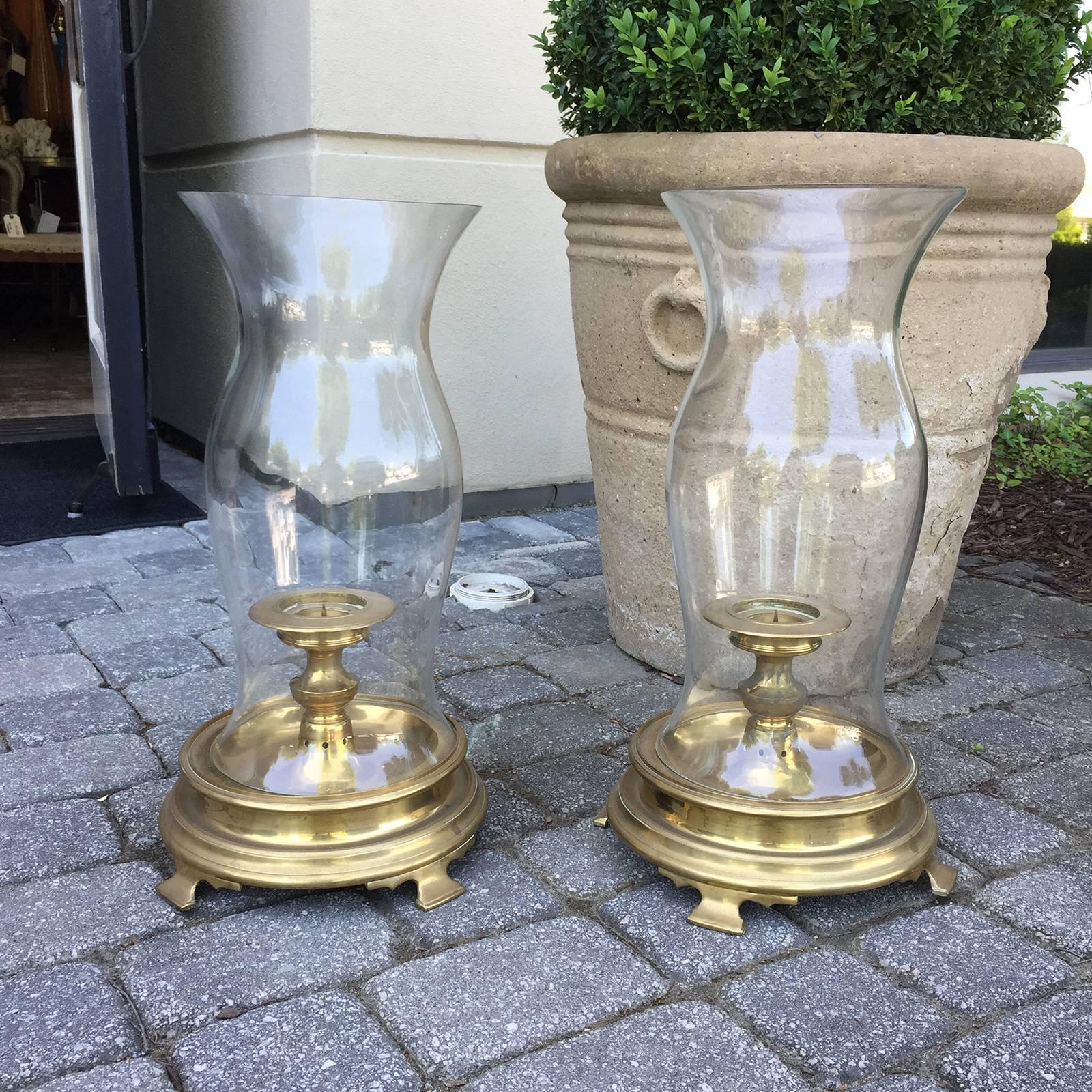 Pair of circa 1970s Brass Hurricane Stands with Globe and Candleholder 3