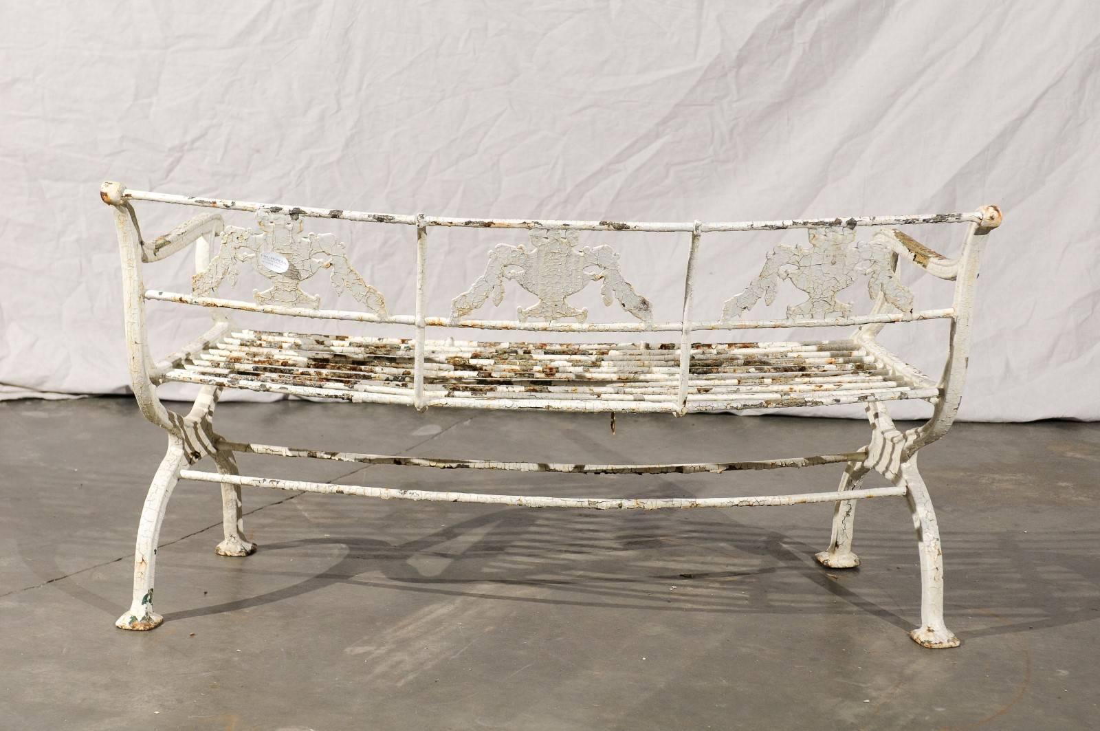 Early 20th Century 1920s White Iron Concave Made in Boston Bench in the Style of Molla