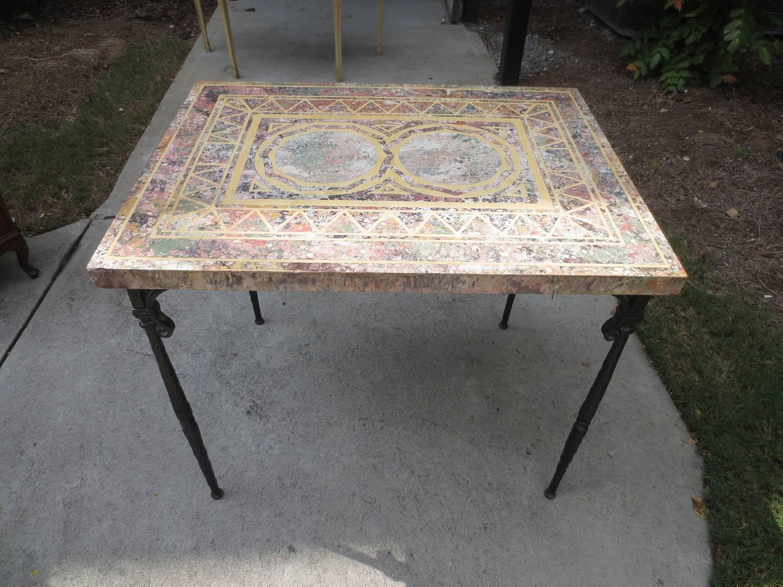 Early 20th century Italian Pietra Dura top table with old iron base, wonderful scagliola top.
