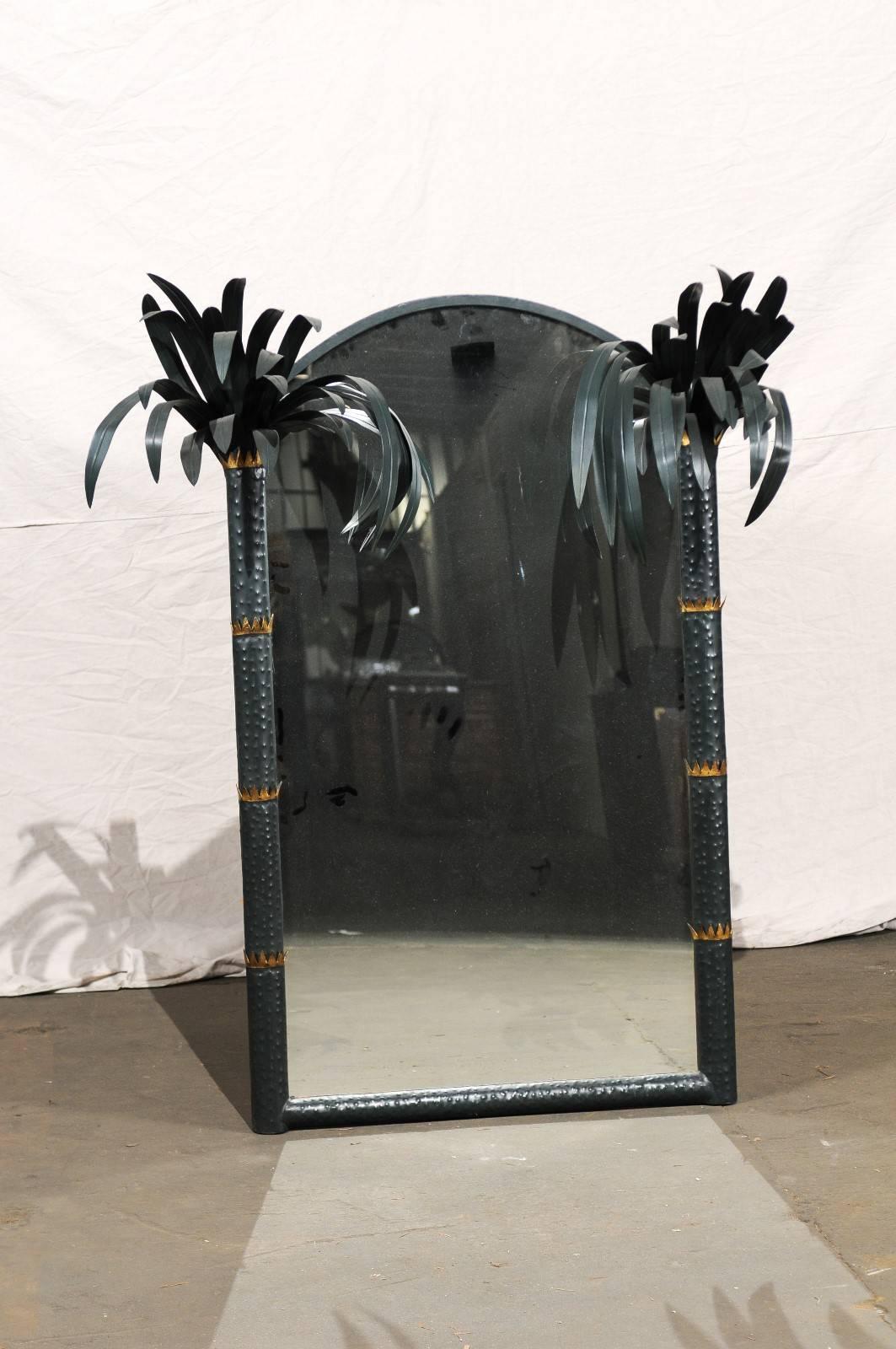 Hollywood Regency Arched Tole Mirror with Palm Fronds, circa 1970s.