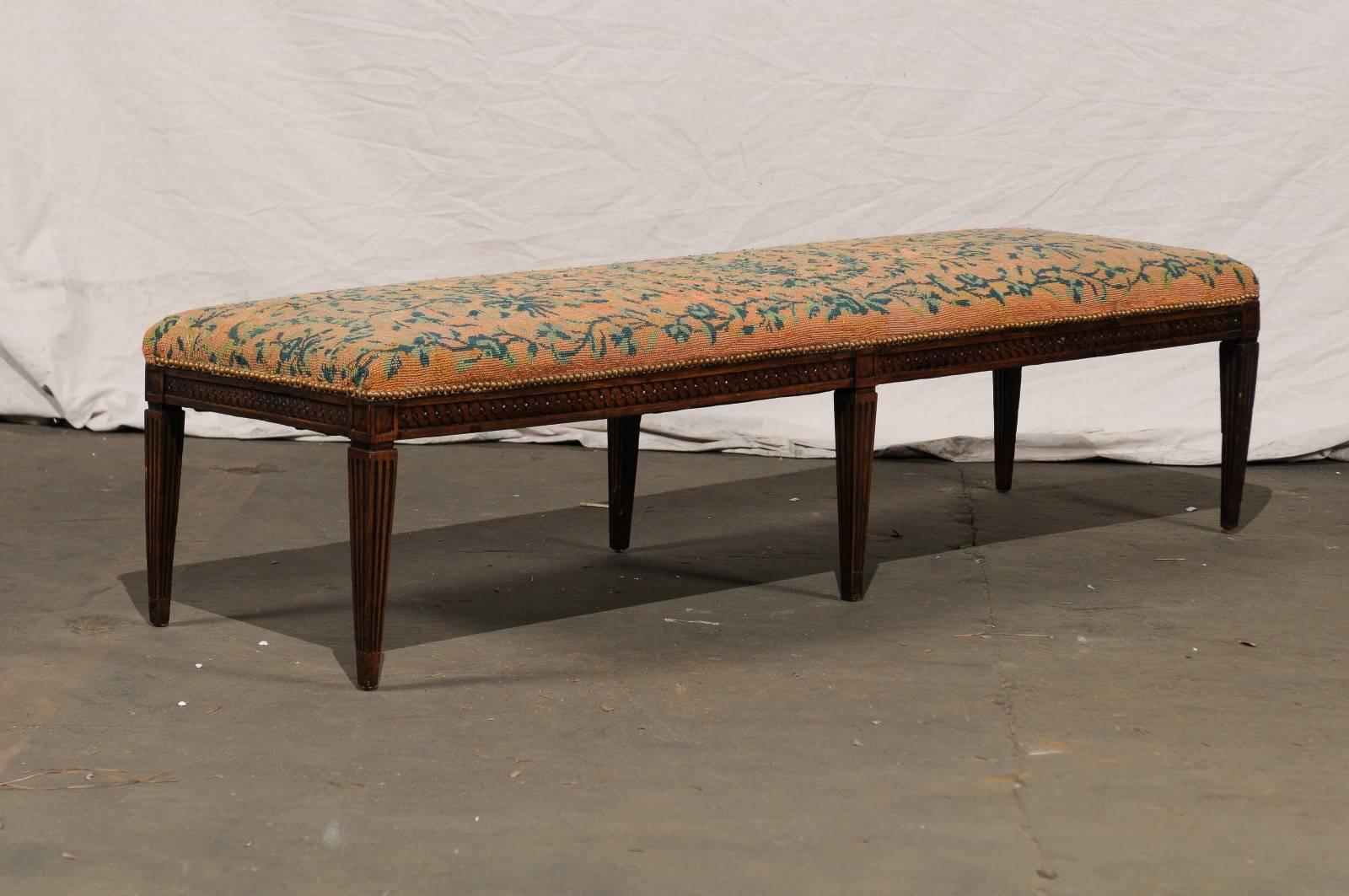 Carved 19th Century Long Italian Bench with Needlepoint