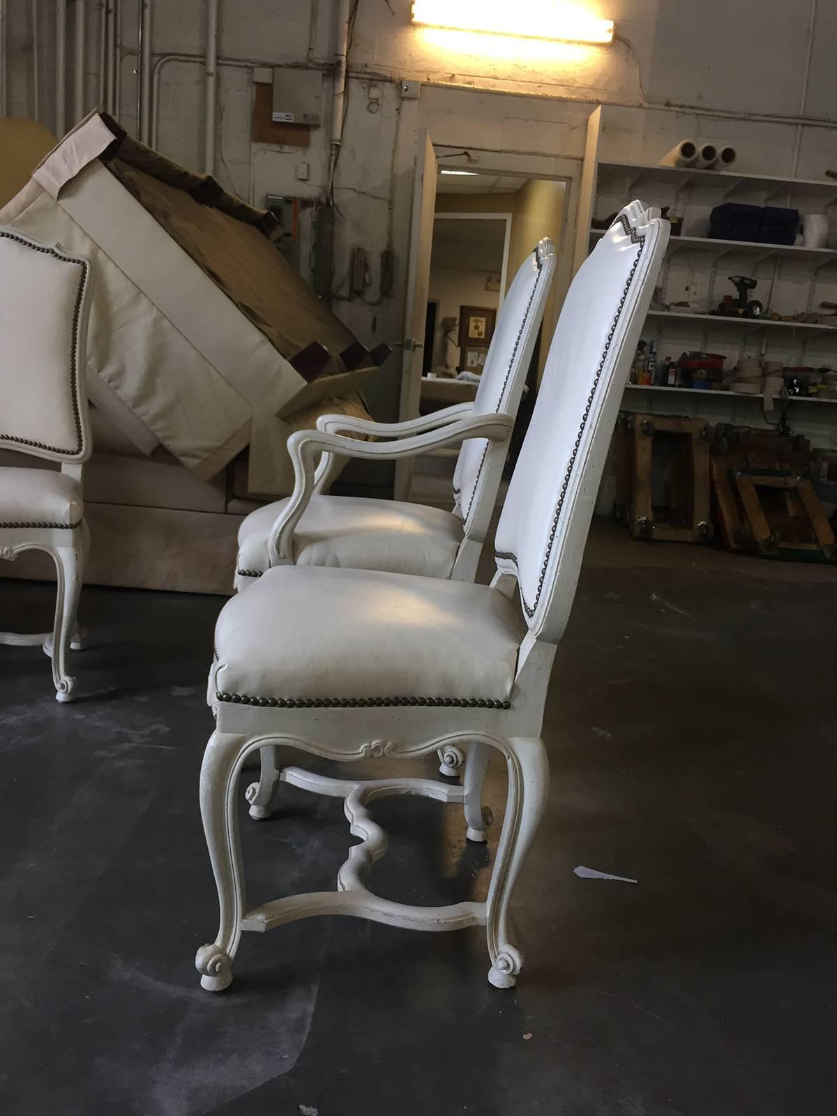 Set of Eight White Leather Dining Chairs, in the Style of Don Rousseau 2