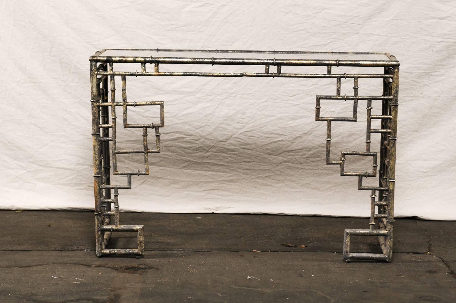 Mid-Century faux bamboo silver gilt metal console.