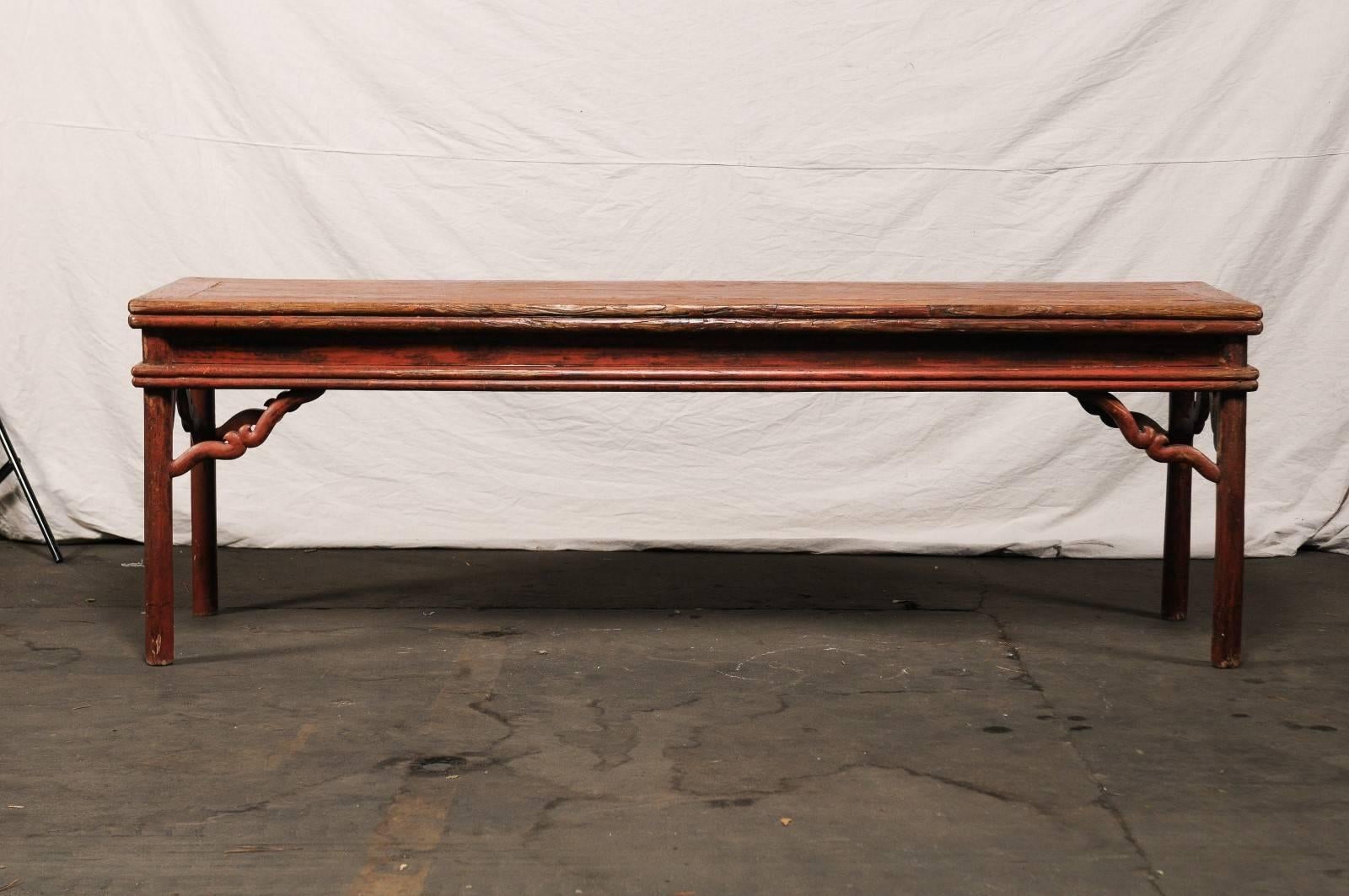 Chinese very long sensational old lacquer red console table, circa 1920.