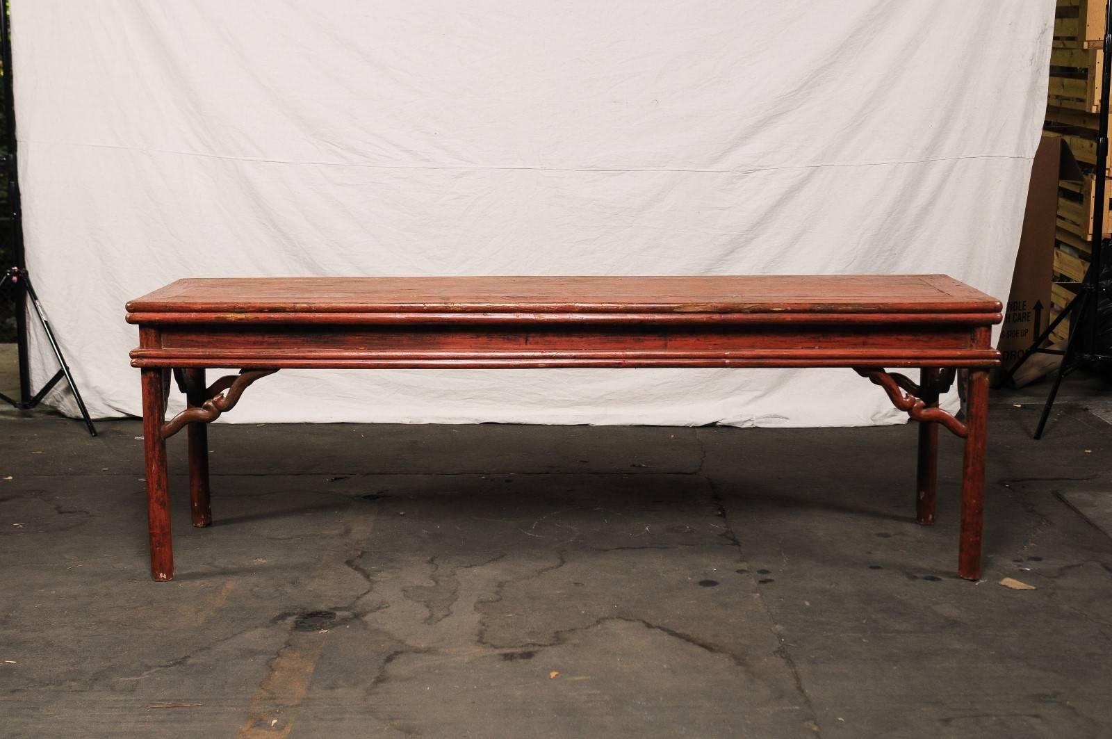 Wood Chinese Very Long Sensational Old Lacquer Red Console Table, circa 1920