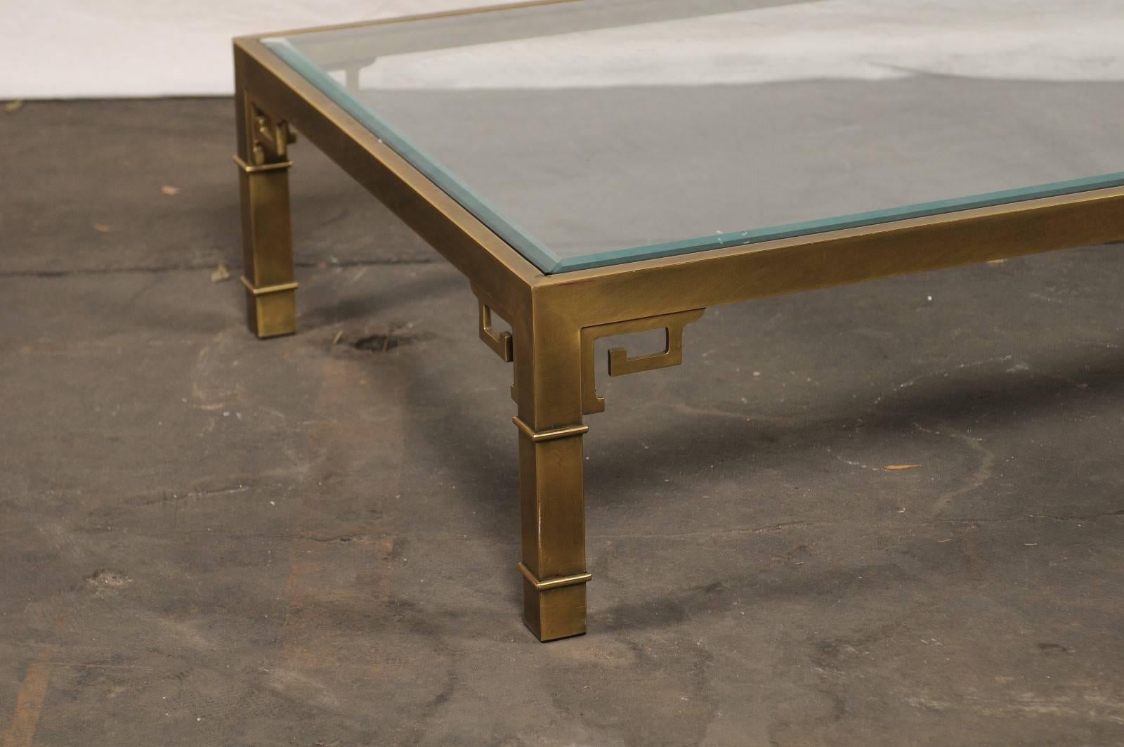 Chinese Chippendale Pair of Mastercraft Chinese Polished Brass Greek Key Coffee Tables,  circa 1970s For Sale