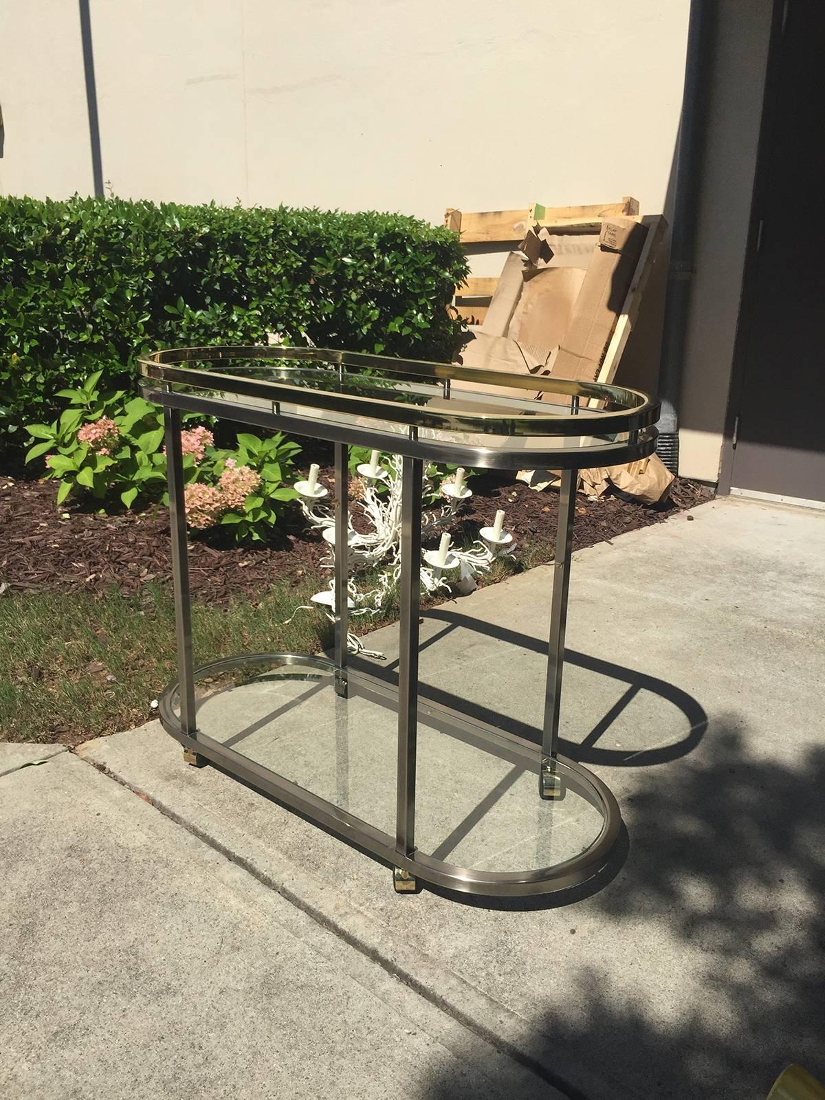 Mid-Century Brass and Steel Oval Bar Cart with Glass Top In Good Condition In Atlanta, GA