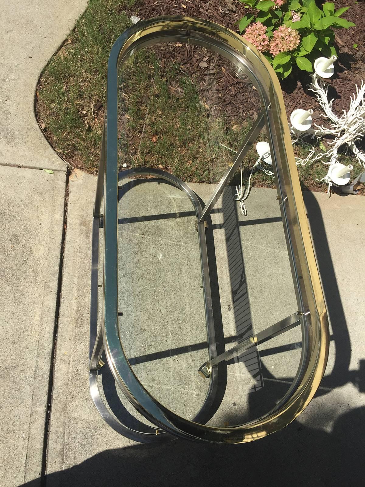 20th Century Mid-Century Brass and Steel Oval Bar Cart with Glass Top