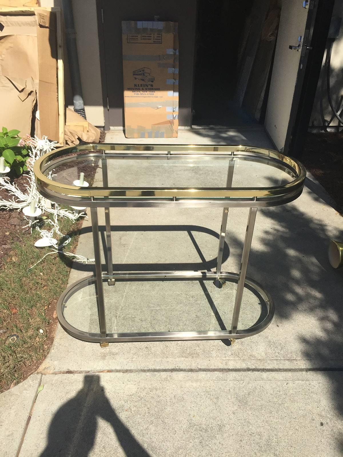 Mid-Century Brass and Steel Oval Bar Cart with Glass Top 2