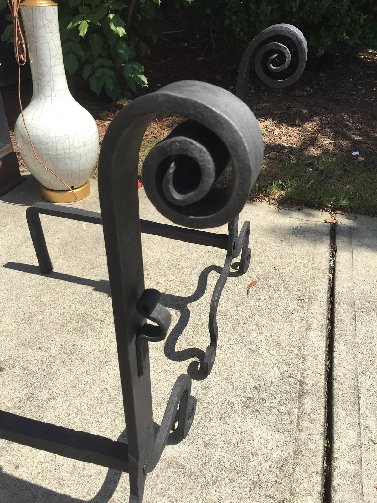 American Large Scale Hand Wrought Iron Andirons, circa 1900 In Good Condition In Atlanta, GA