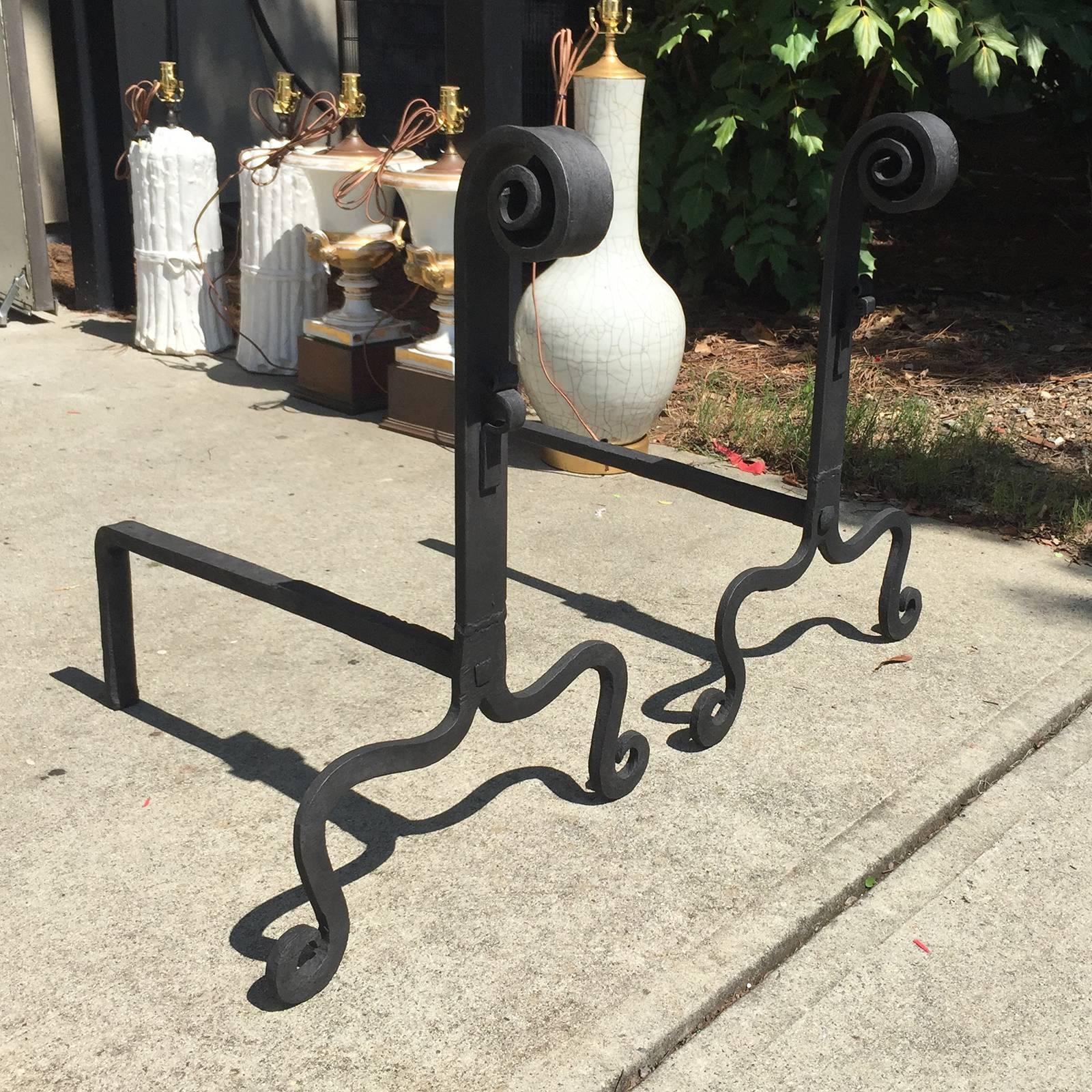 American Large Scale Hand Wrought Iron Andirons, circa 1900 3