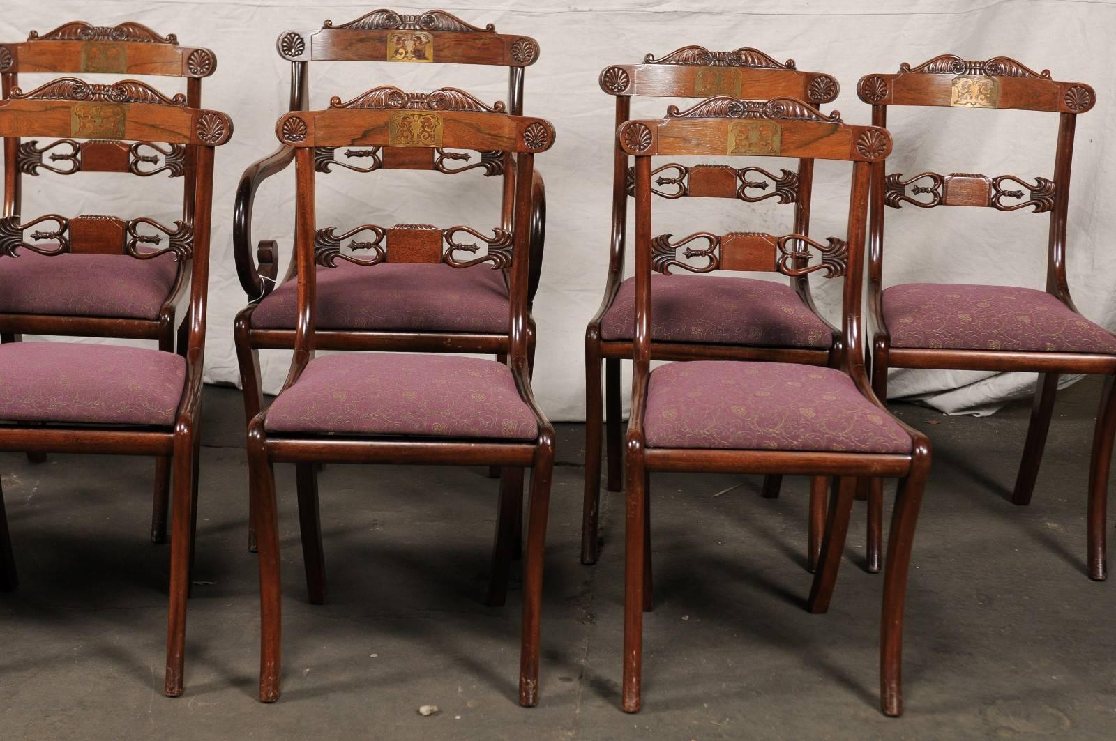 Set of Ten Regency Style Dining Chairs, Rosewood, Mahogany and Brass Inlay In Good Condition In Atlanta, GA