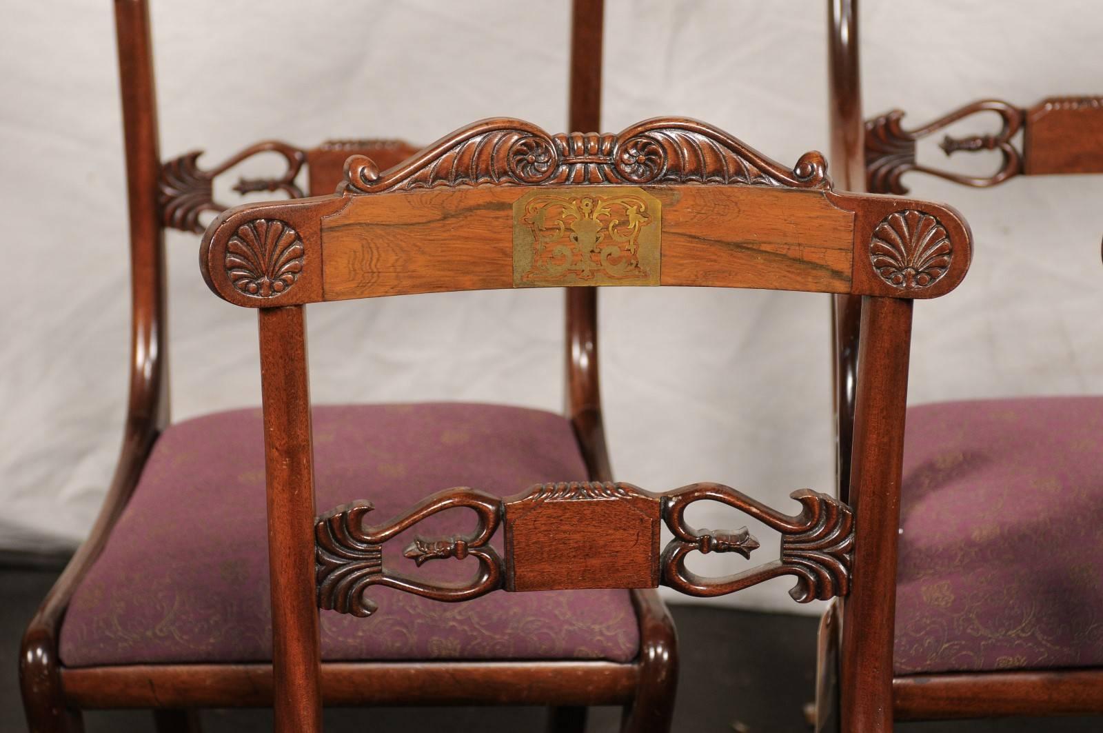 Early 20th Century Set of Ten Regency Style Dining Chairs, Rosewood, Mahogany and Brass Inlay