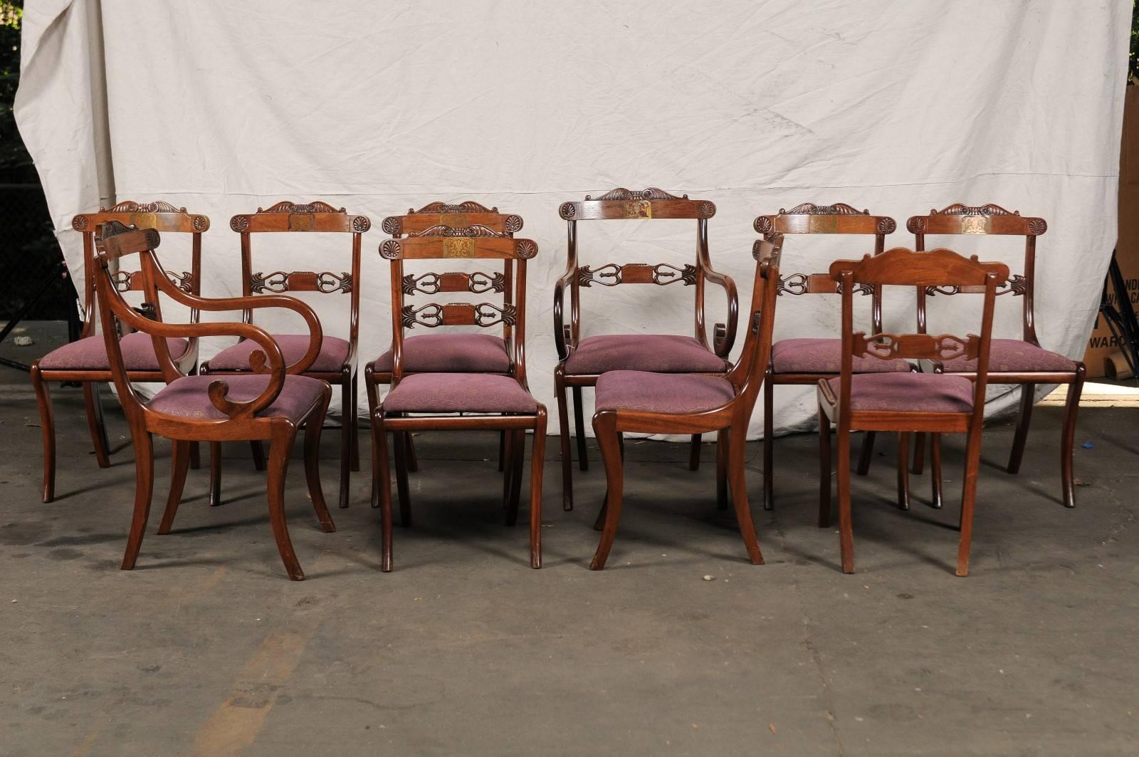 Set of Ten Regency Style Dining Chairs, Rosewood, Mahogany and Brass Inlay 1