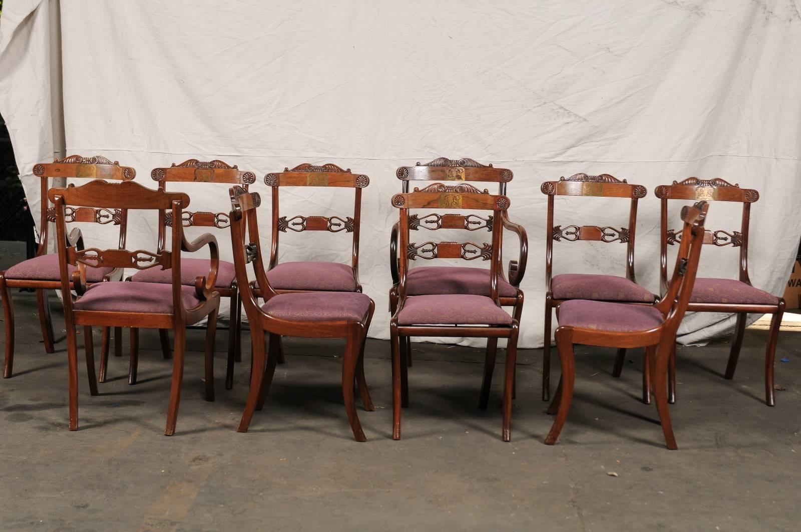 Set of Ten Regency Style Dining Chairs, Rosewood, Mahogany and Brass Inlay 3