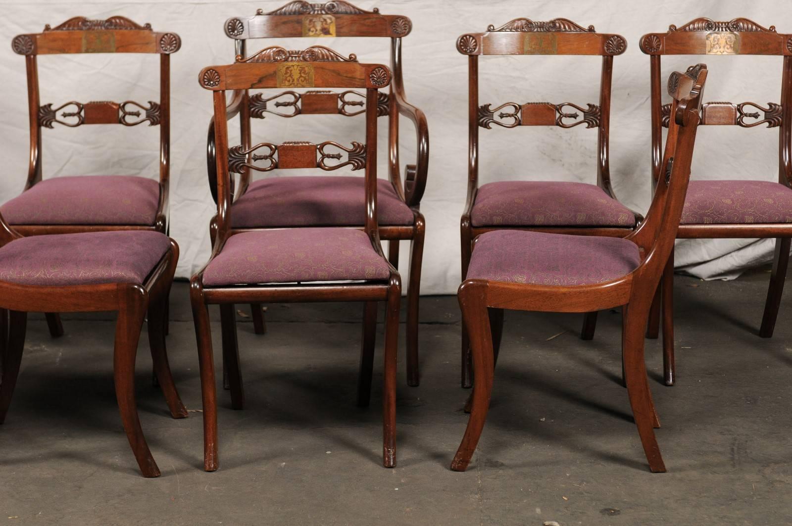 Set of Ten Regency Style Dining Chairs, Rosewood, Mahogany and Brass Inlay 4