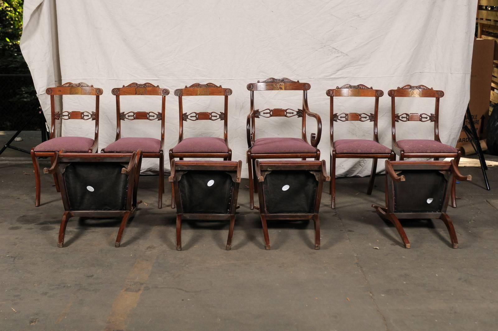 Set of Ten Regency Style Dining Chairs, Rosewood, Mahogany and Brass Inlay 5