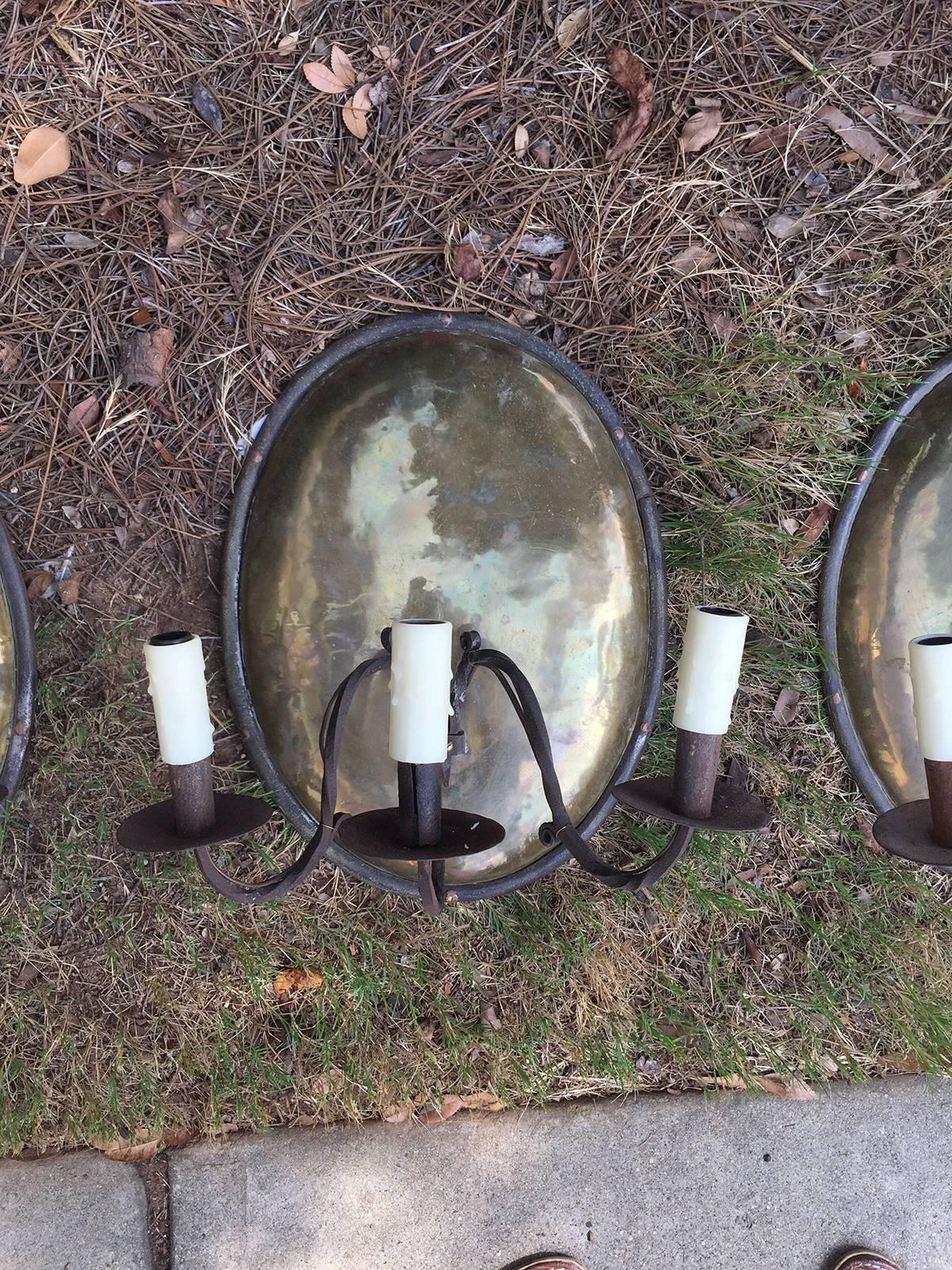 Set of Four 20th Century English Brass/ Iron Three-Arm Sconces In Good Condition In Atlanta, GA