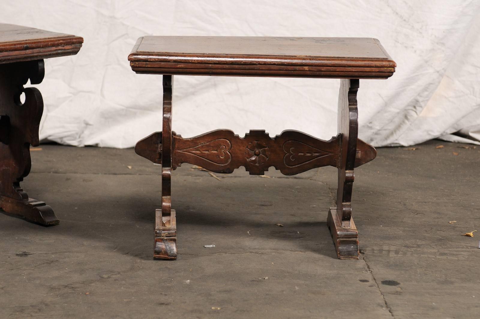 Pair of 20th Century Walnut Continental Side Tables on Carved Trestle Leg Base In Good Condition In Atlanta, GA