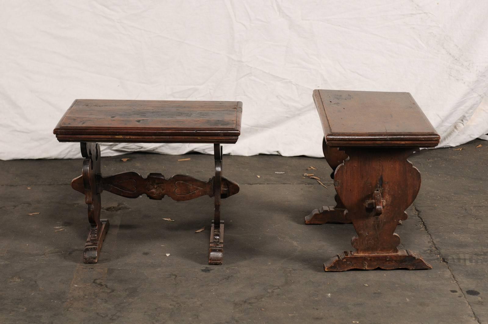 Pair of 20th Century Walnut Continental Side Tables on Carved Trestle Leg Base 1