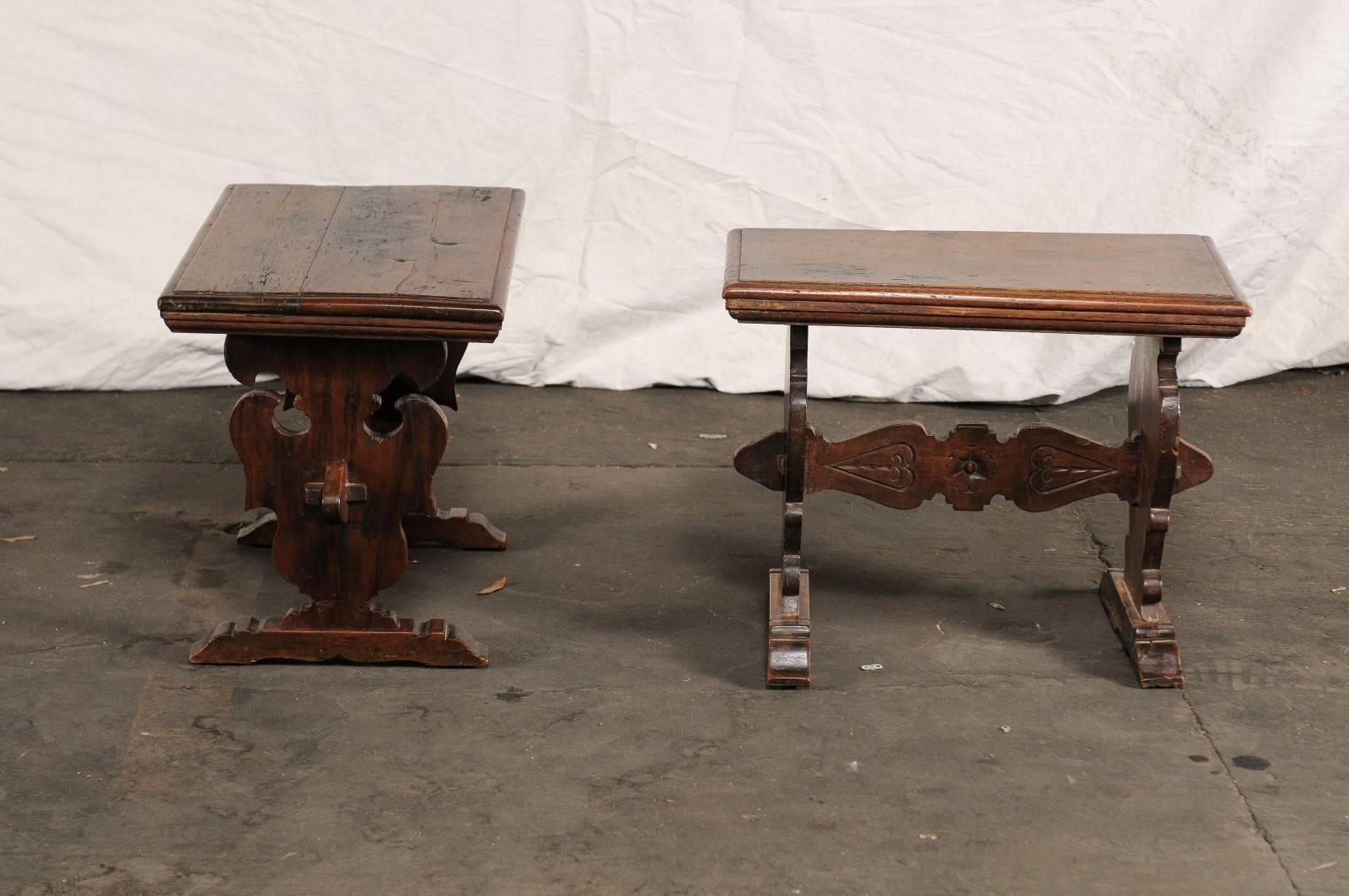 Pair of 20th Century Walnut Continental Side Tables on Carved Trestle Leg Base 2