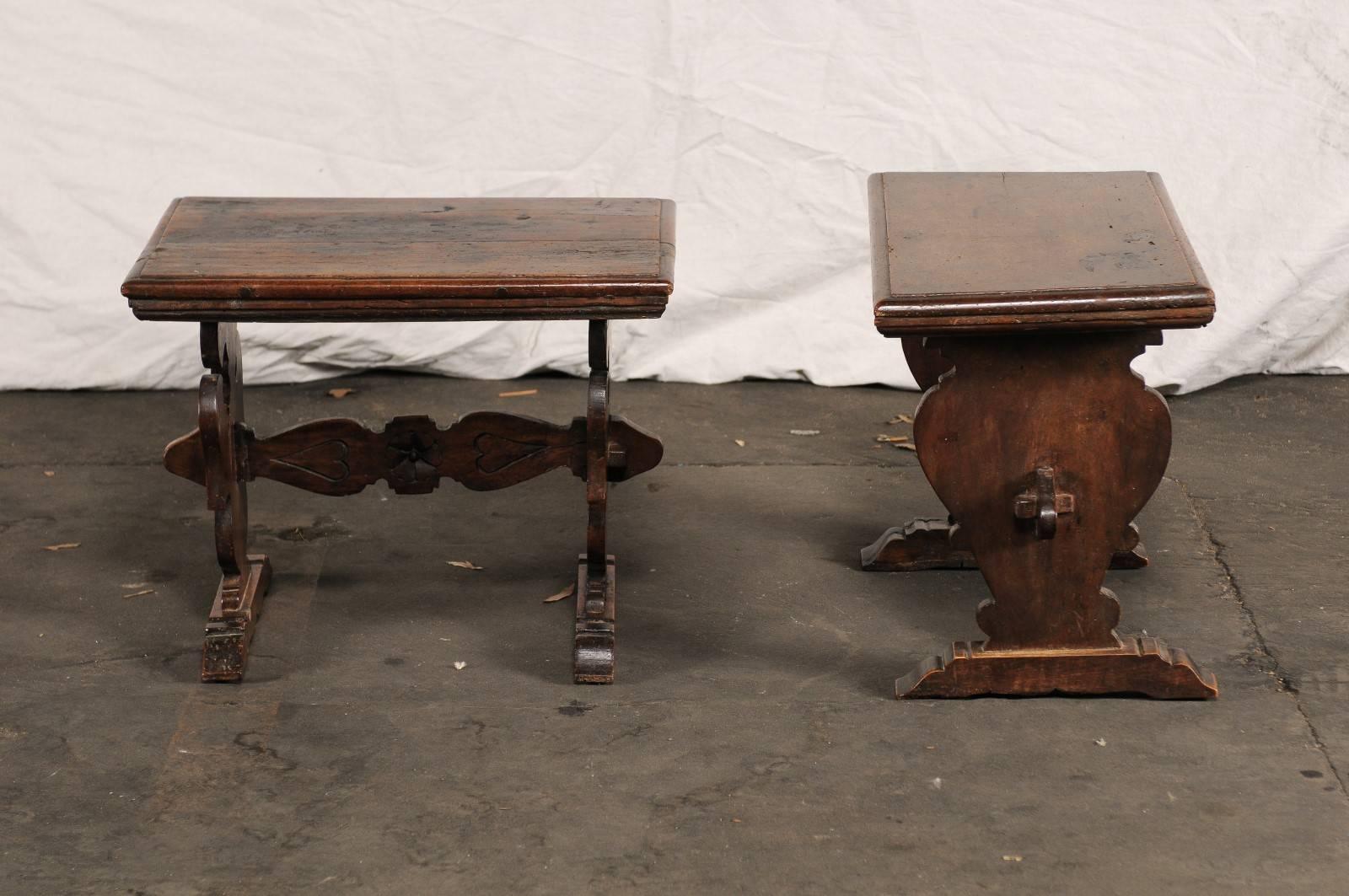 Pair of 20th Century Walnut Continental Side Tables on Carved Trestle Leg Base 3