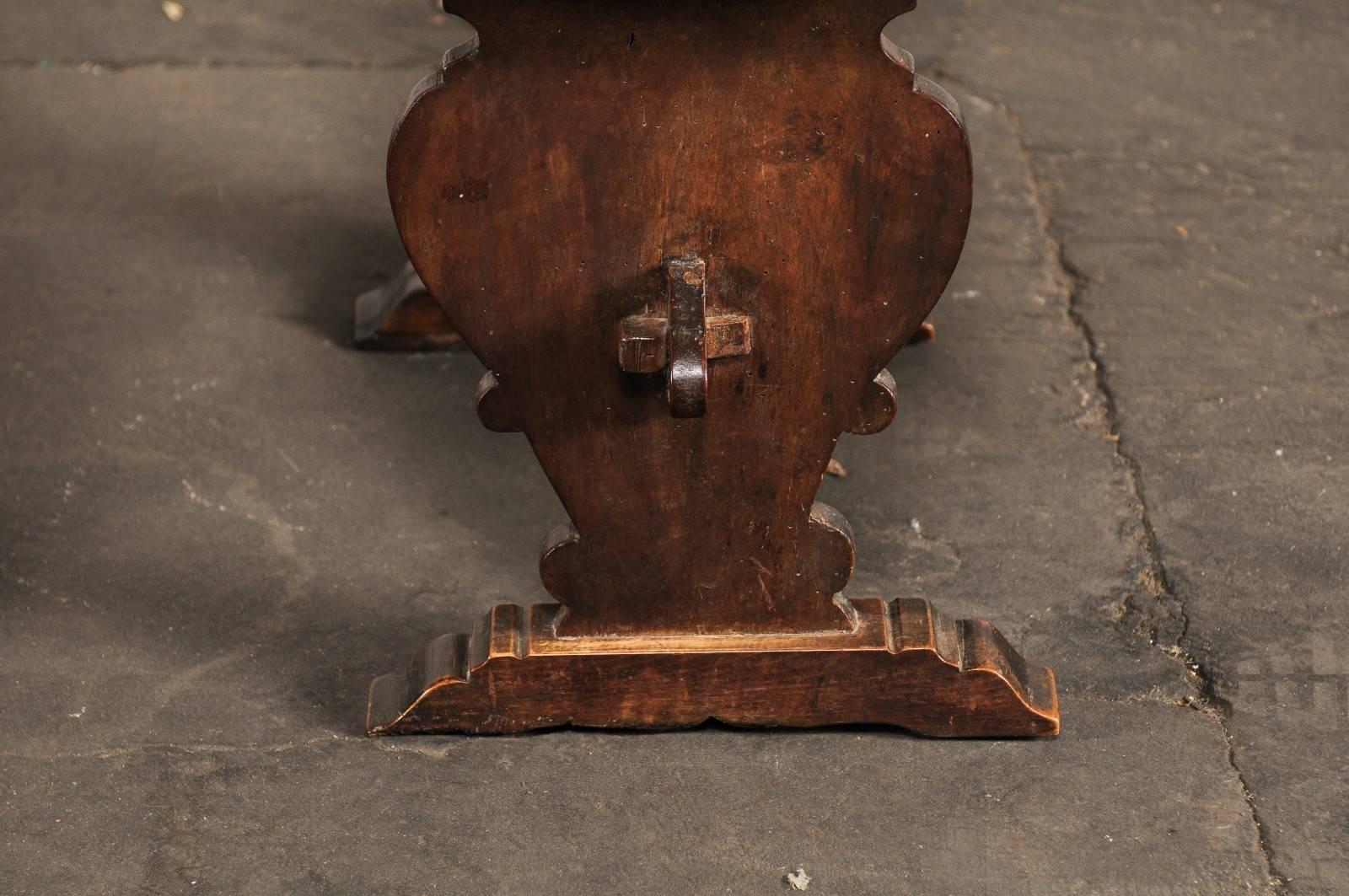 Pair of 20th Century Walnut Continental Side Tables on Carved Trestle Leg Base 4