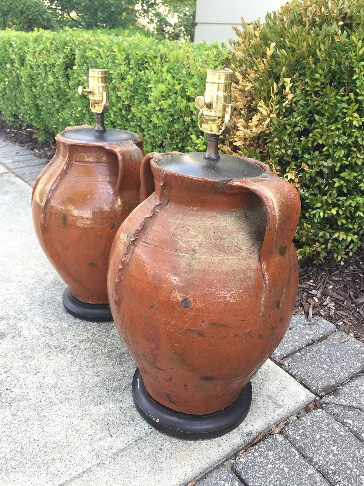 19th-20th Century Two Similar French Pottery Urns as Lamps In Good Condition In Atlanta, GA