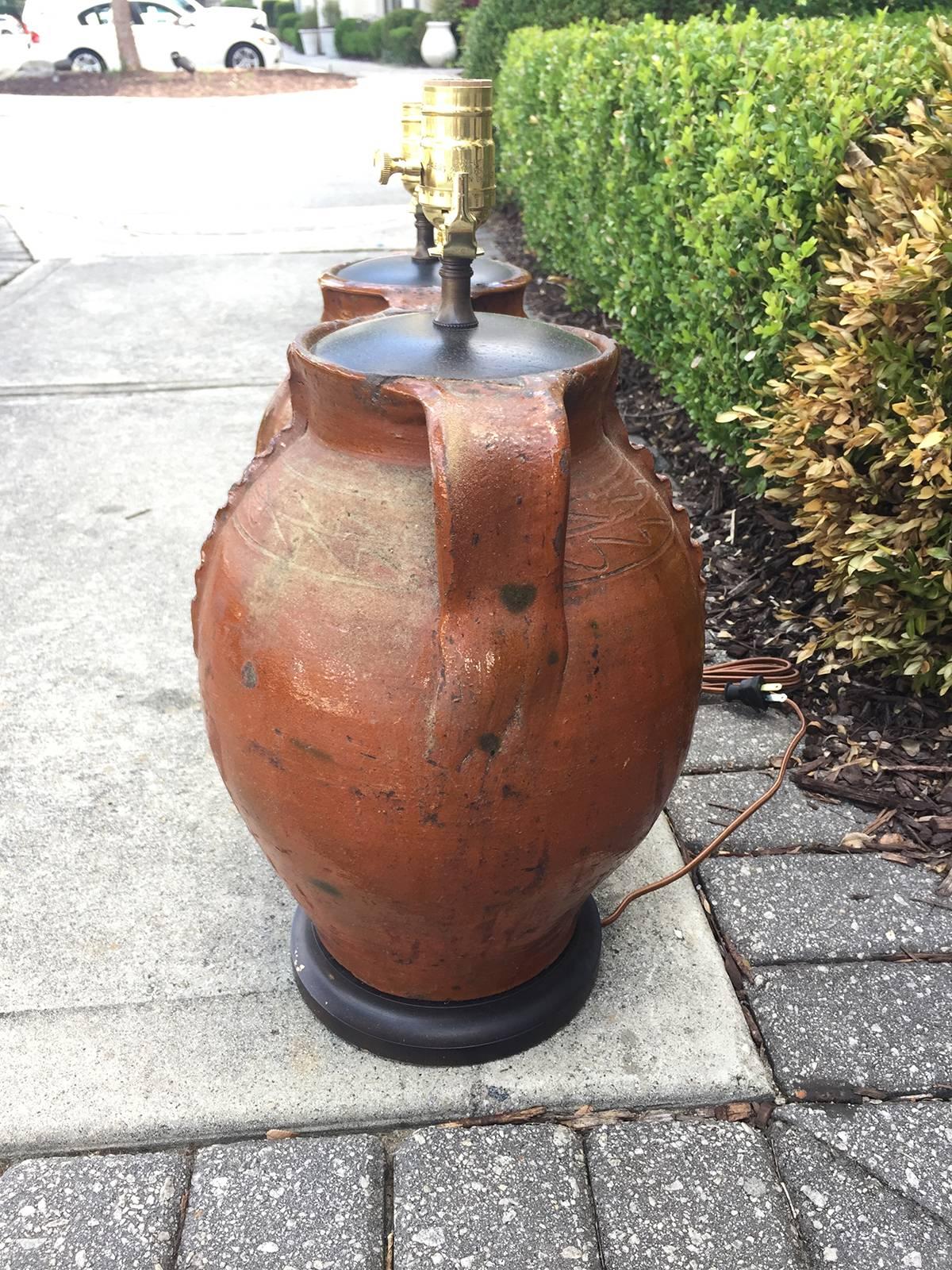 19th-20th Century Two Similar French Pottery Urns as Lamps 4