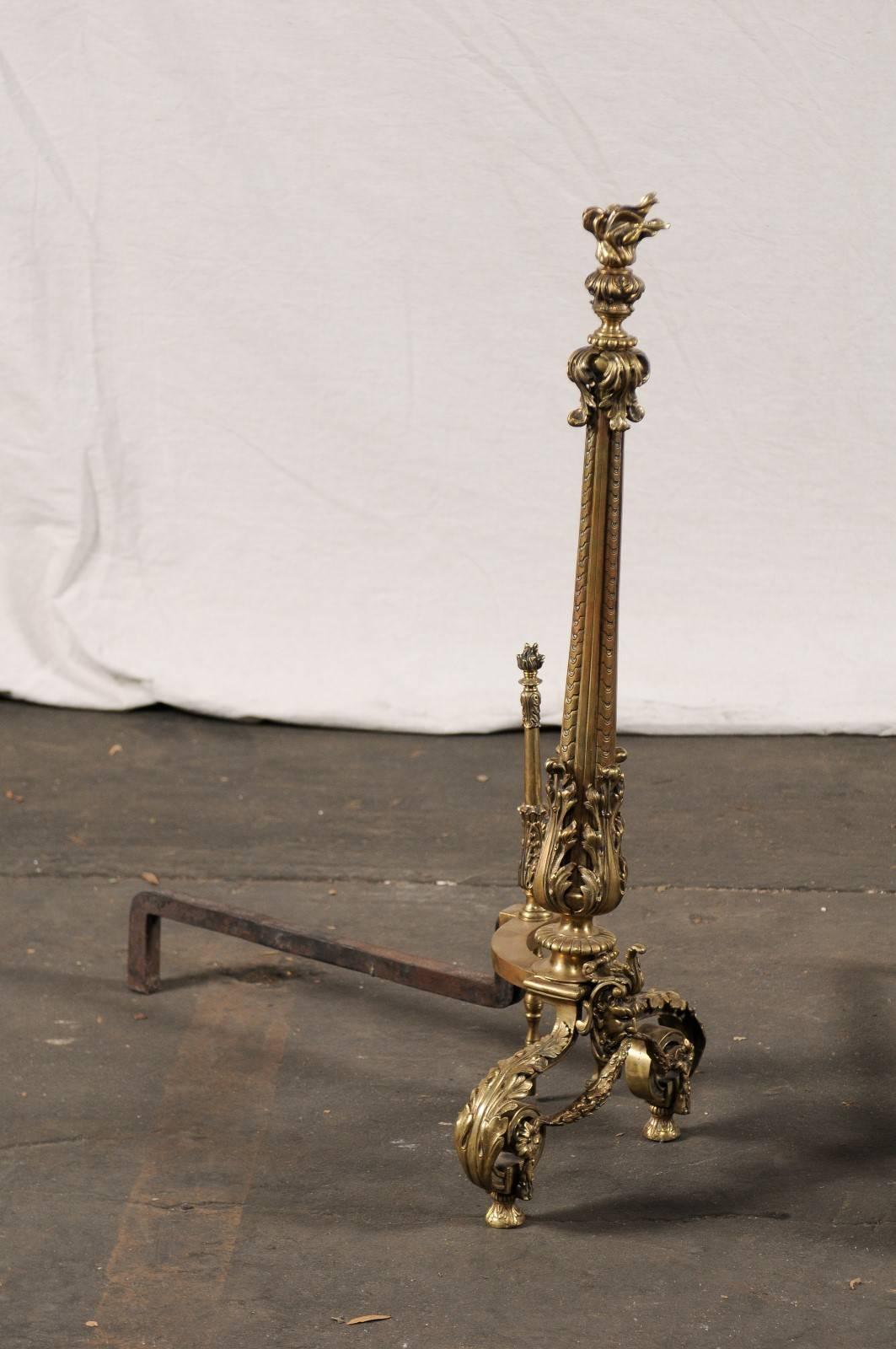 Early 20th Century Bronze Andirons with Flame Finials In Good Condition For Sale In Atlanta, GA