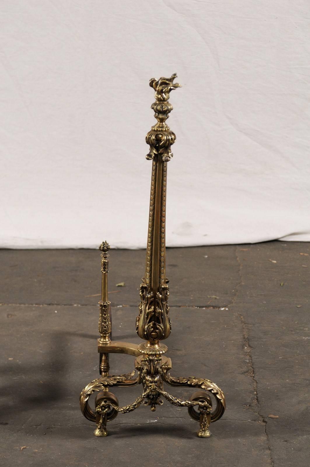 Early 20th Century Bronze Andirons with Flame Finials For Sale 1