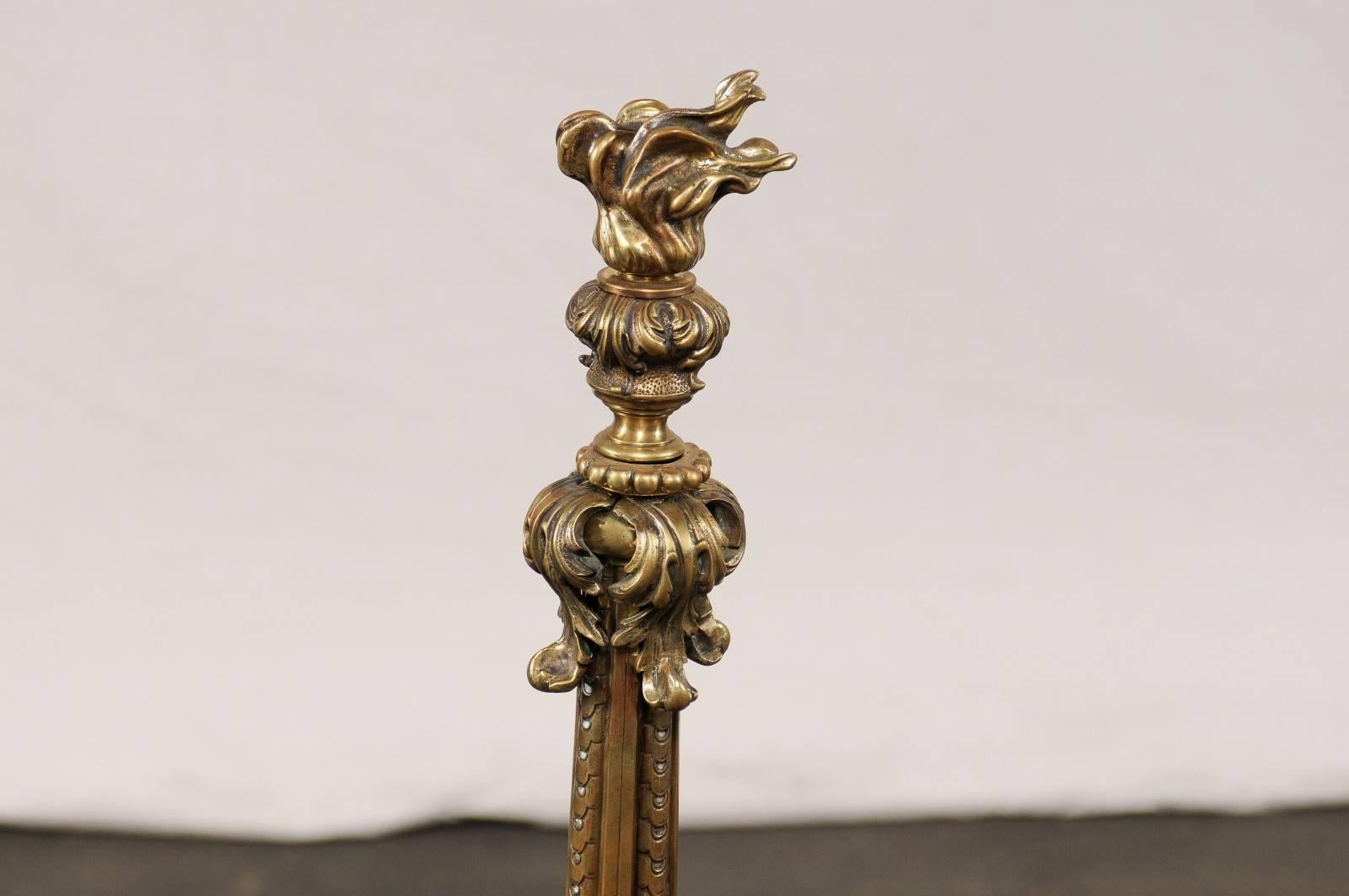 Early 20th Century Bronze Andirons with Flame Finials For Sale 2