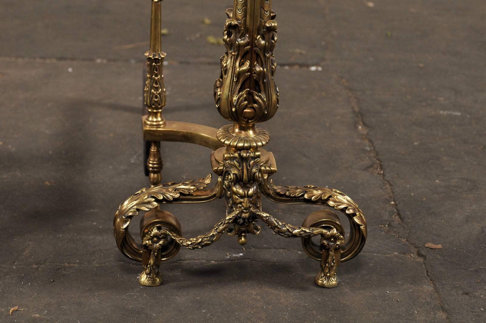 Early 20th Century Bronze Andirons with Flame Finials For Sale 3