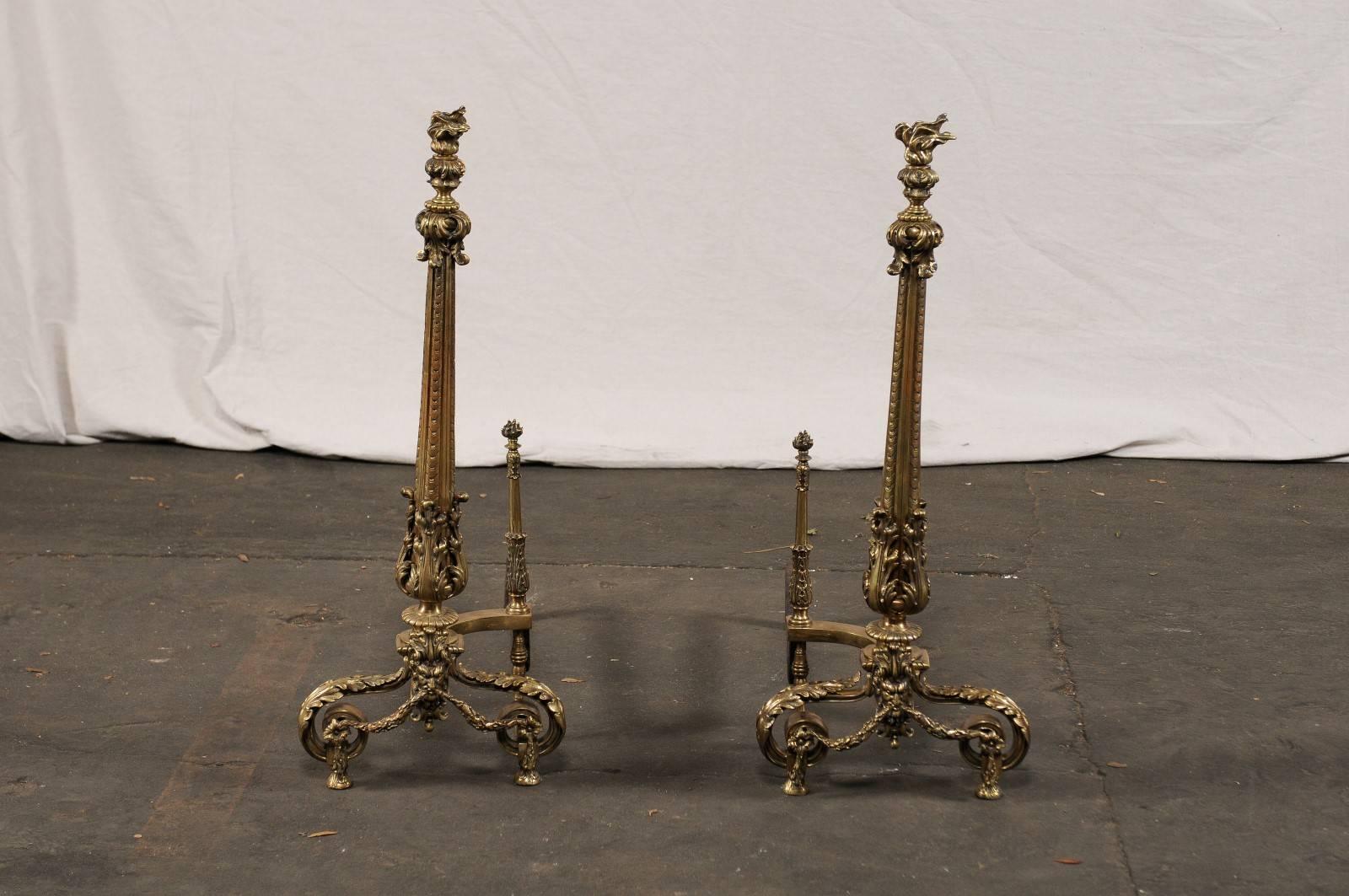 Early 20th Century Bronze Andirons with Flame Finials For Sale 4