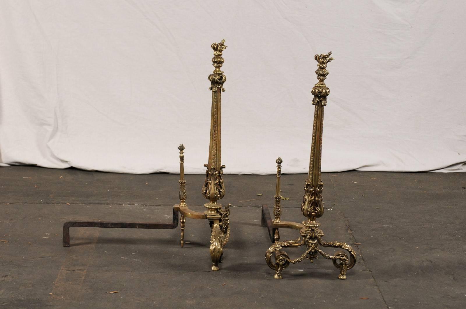 Early 20th Century Bronze Andirons with Flame Finials For Sale 5