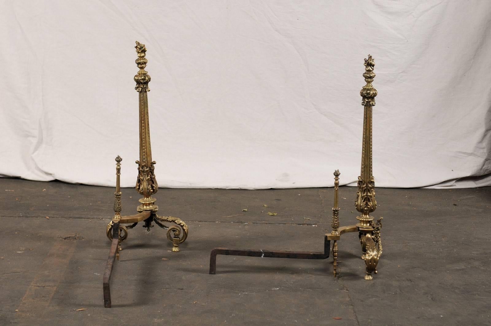 Early 20th Century Bronze Andirons with Flame Finials For Sale 6
