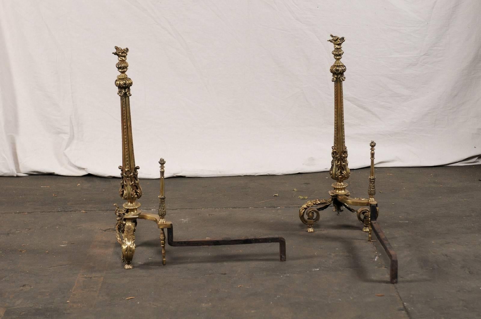 Early 20th Century Bronze Andirons with Flame Finials For Sale 7
