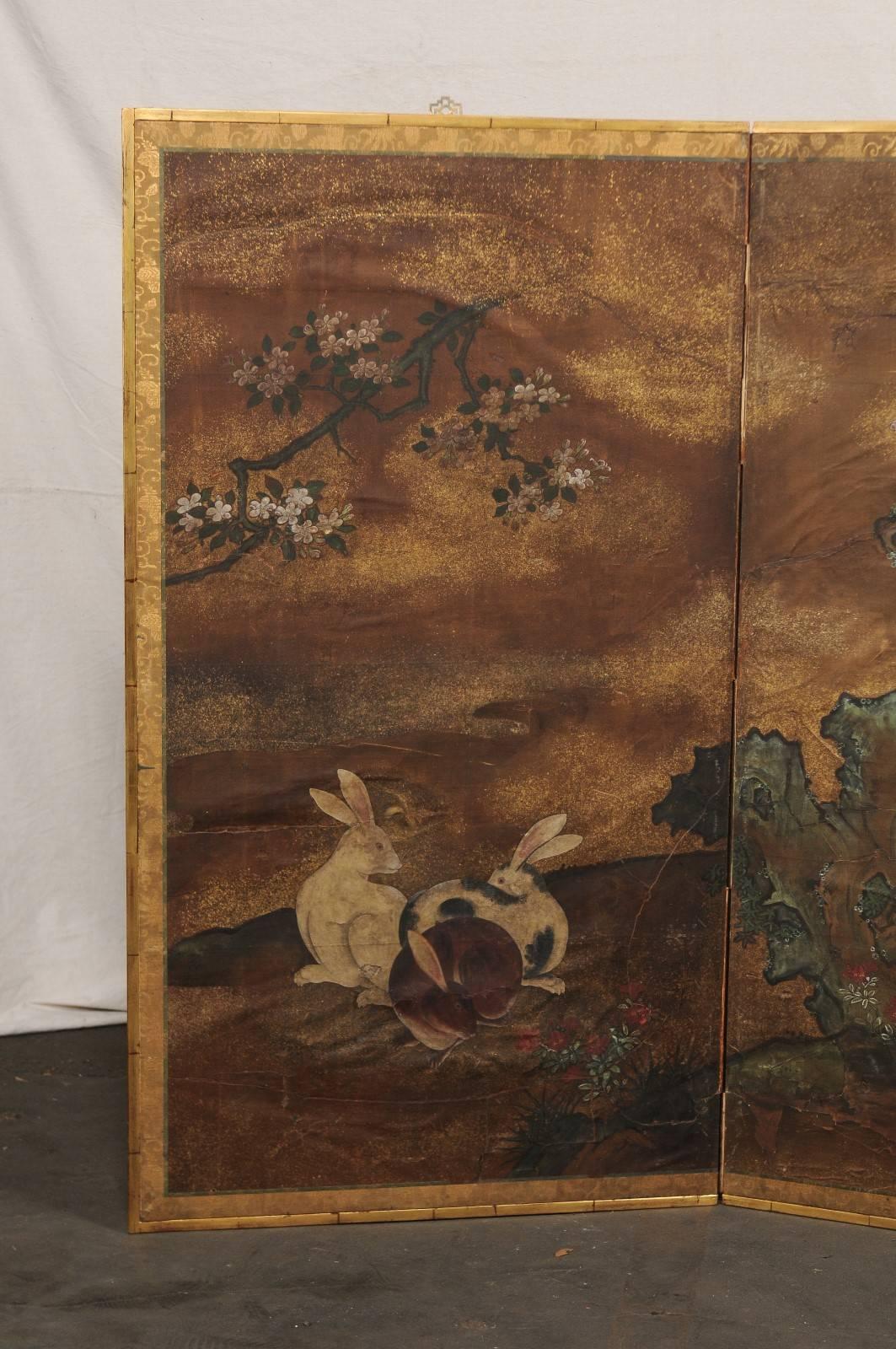 18th-19th Century Japanese Two-Panel Paper Screen with Rabbits In Good Condition For Sale In Atlanta, GA